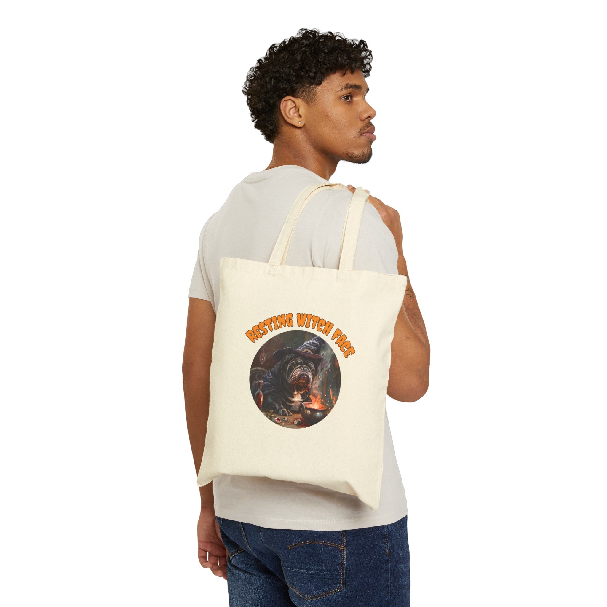 "Resting Witch Face" Trick or Treat Canvas Tote Bag (Black/English)