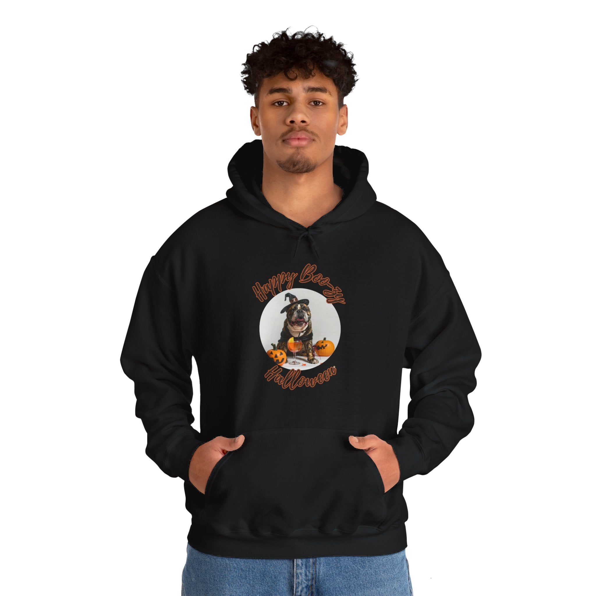 "Happy Boo-zy Halloween" Halloween Bulldog Hoodie (Black/French)