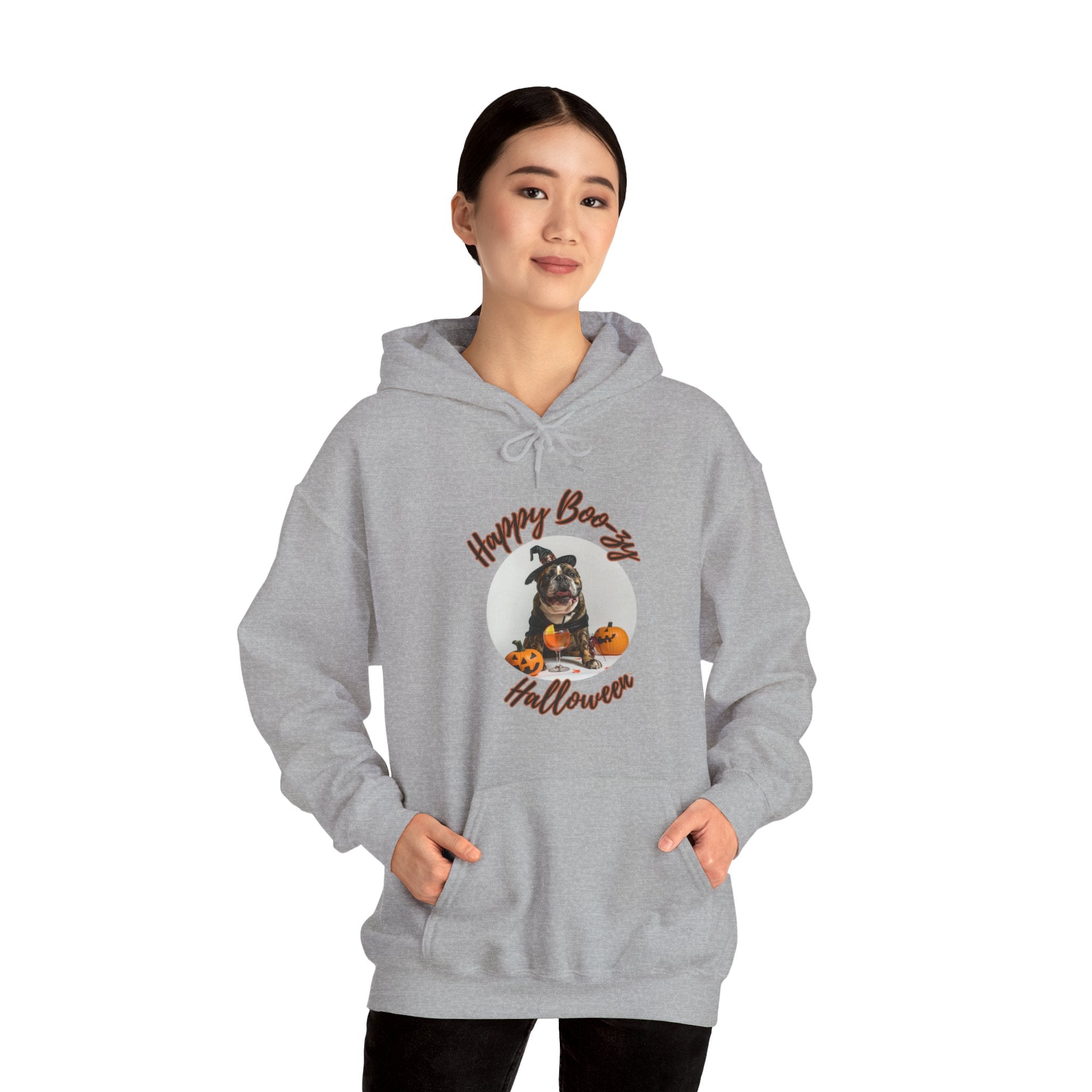 "Happy Boo-zy Halloween" Halloween Bulldog Hoodie (Black/French)