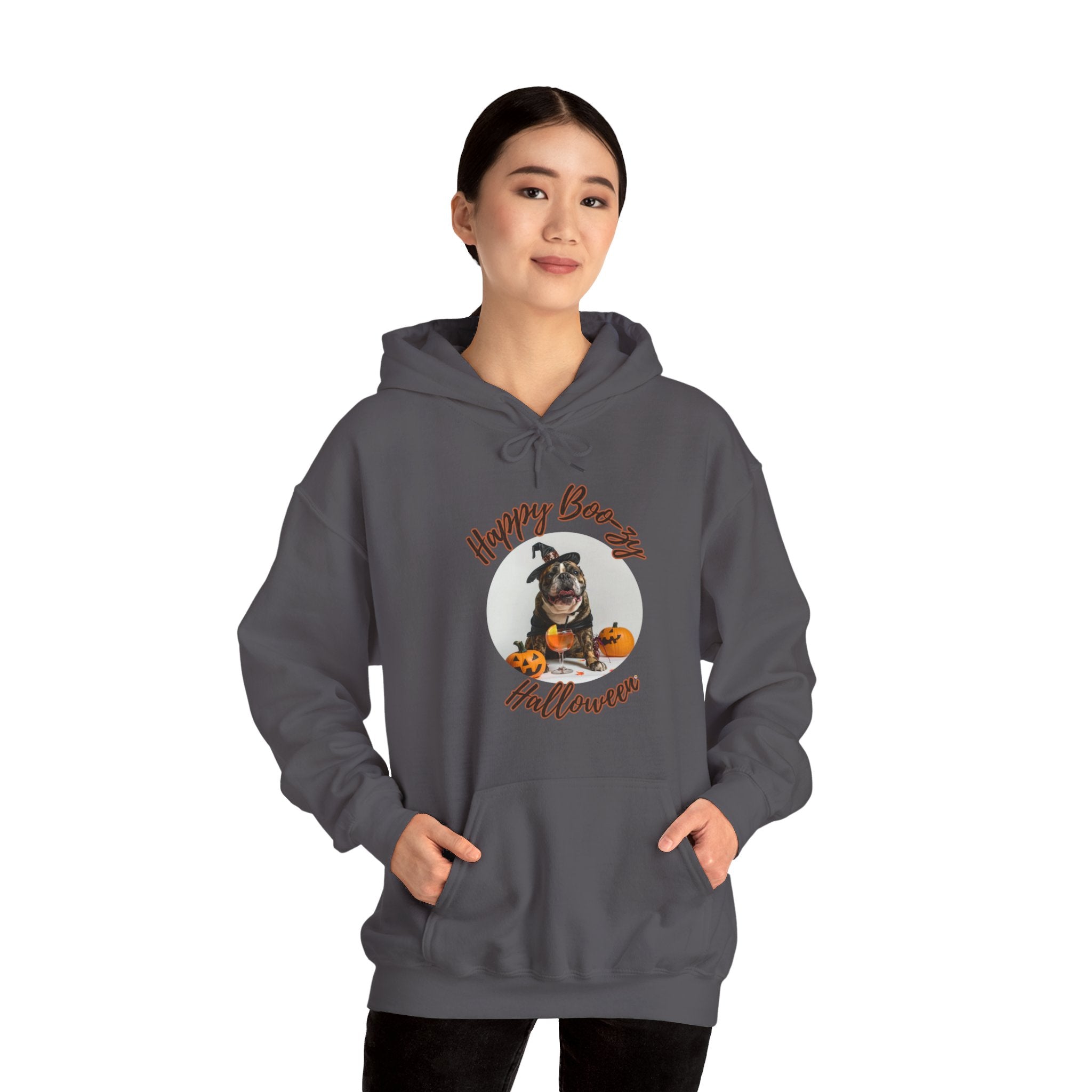 "Happy Boo-zy Halloween" Halloween Bulldog Hoodie (Black/English)