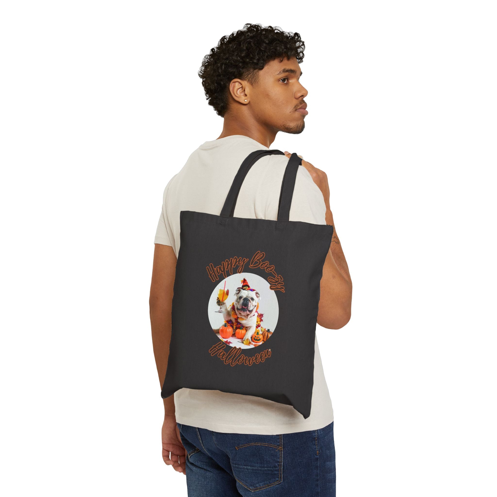 "Happy Boo-zy Halloween" Trick or Treat Canvas Tote Bag (White/English)