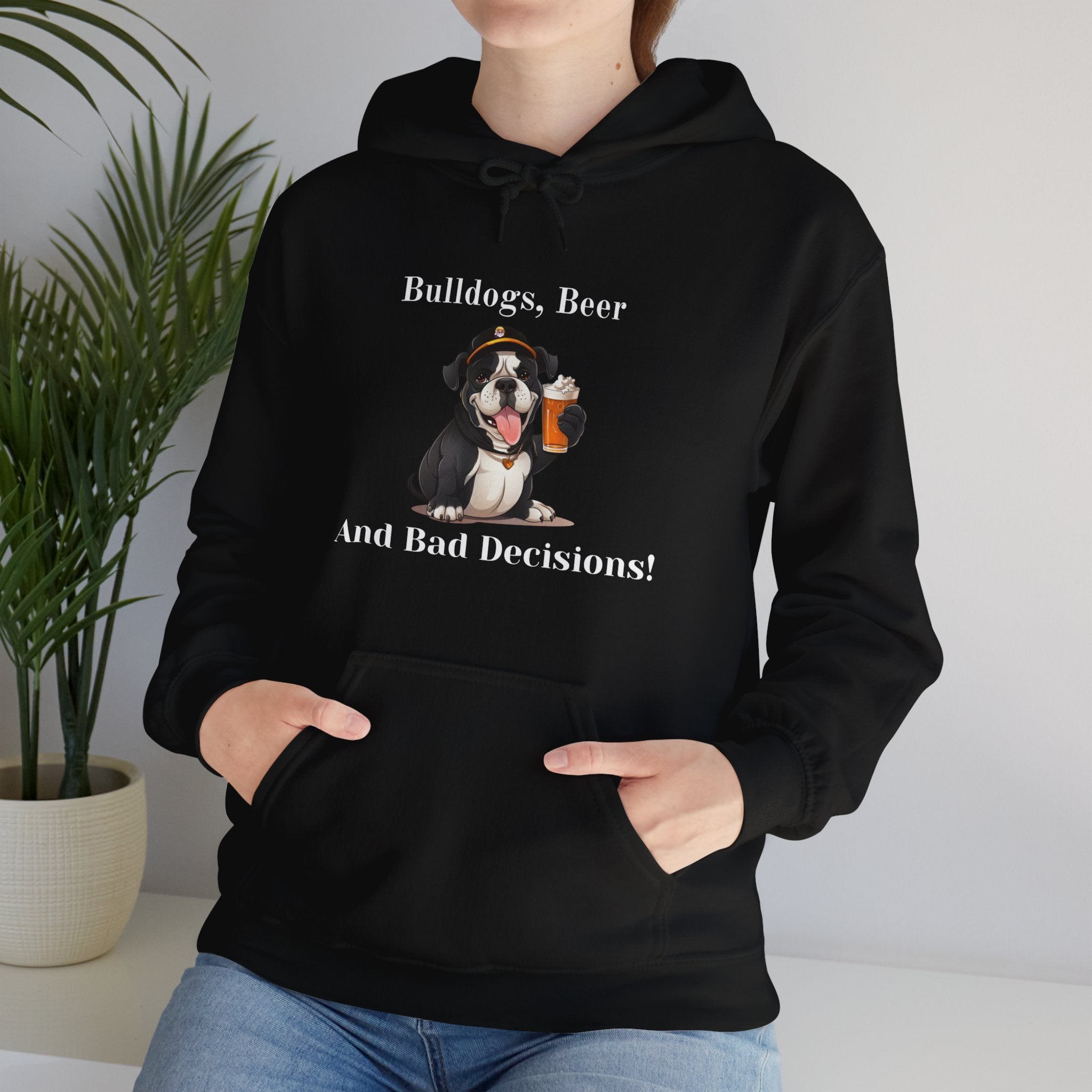 Bulldogs, Beer, and Bad Decisions" Hoodie - Your Go-To Gear for Mischievous Times! (English/Black)