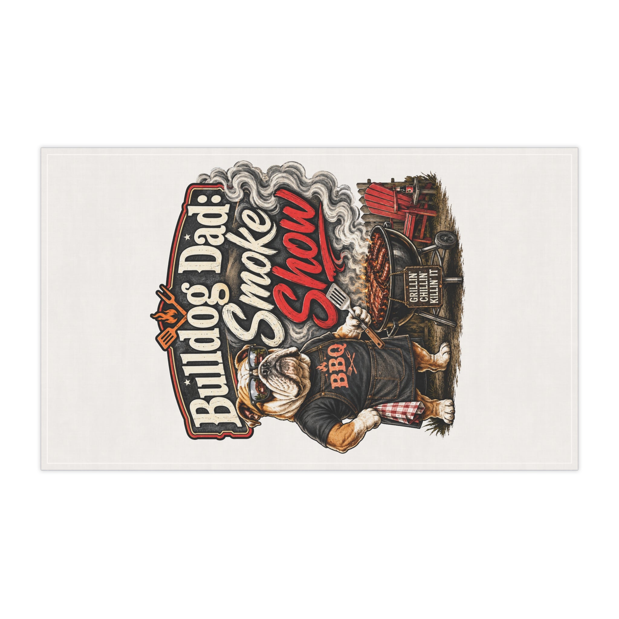 Bulldog Dad BBQ Tea Towel — "Smoke Show" Cotton Kitchen Towel (English)