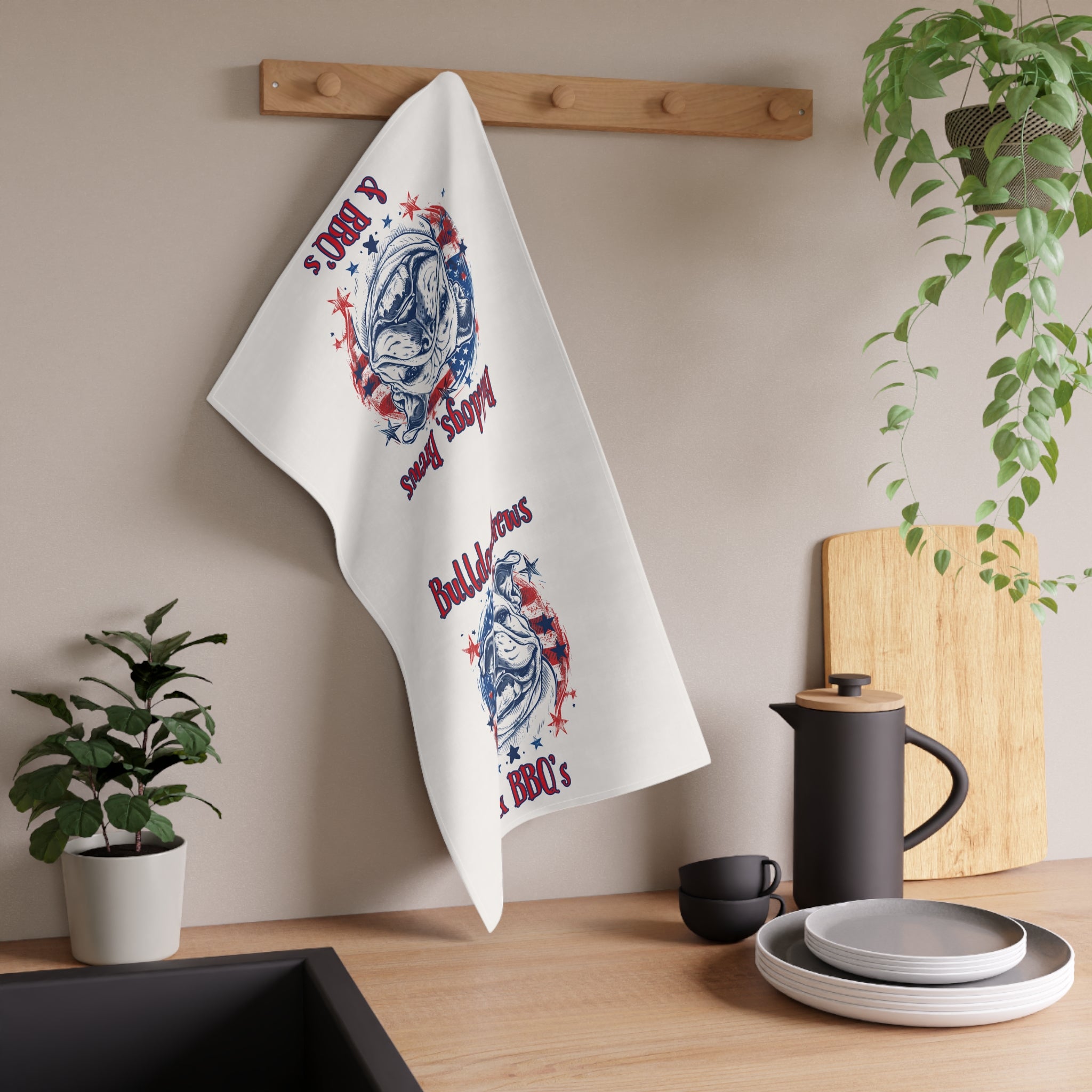Bulldogs, Brews & BBQs 4th of July Kitchen Towel | Patriotic Bulldog Tea Towel (English)