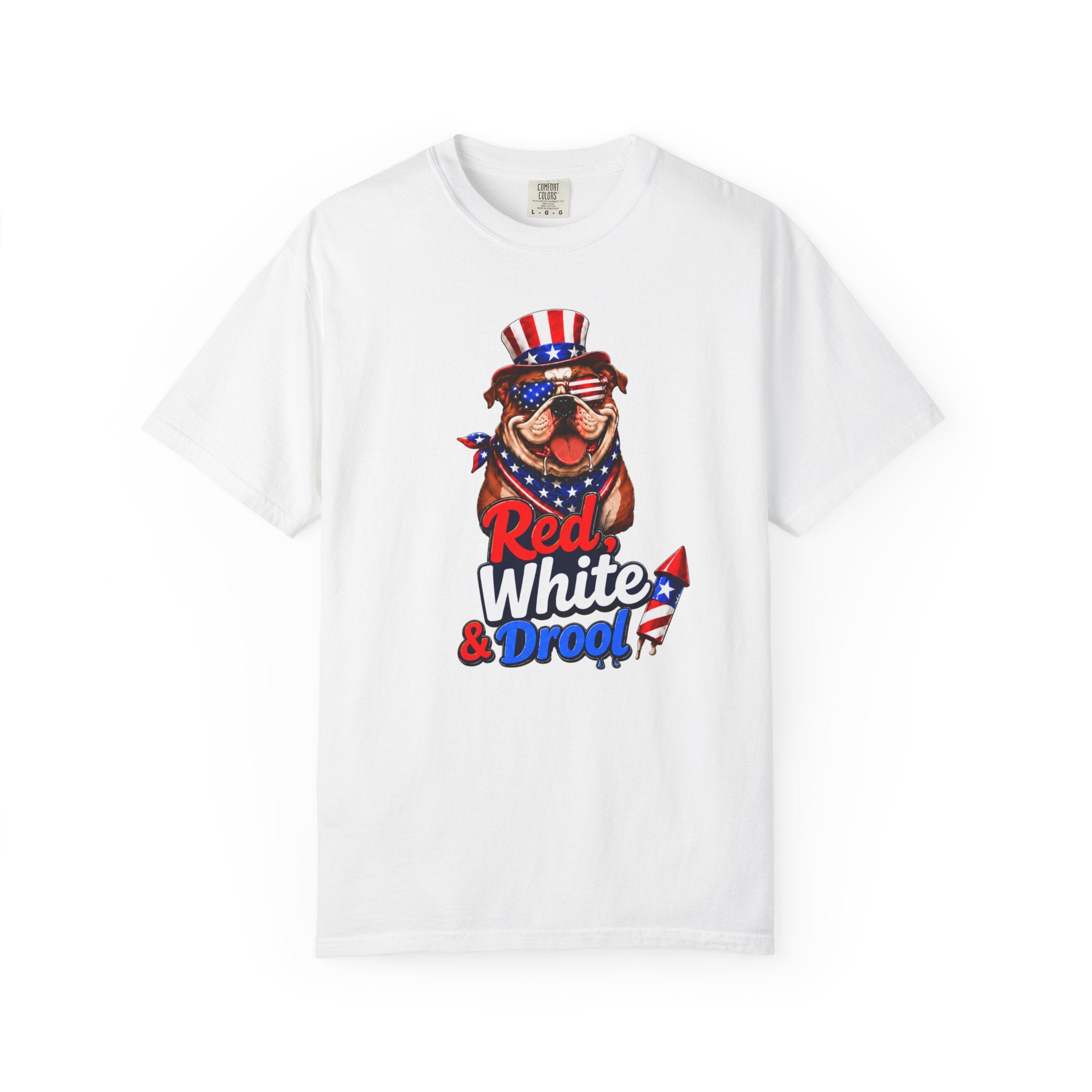 Red, White & Drool Bulldog T-Shirt | Patriotic Garment-Dyed Tee (English)