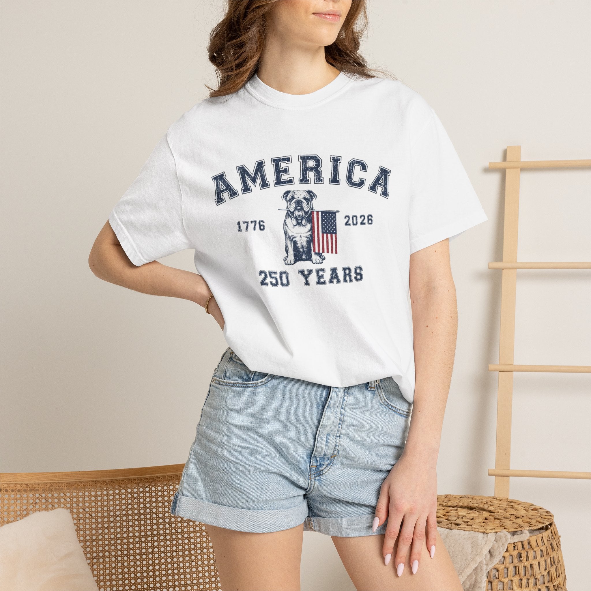 America 250 Years Bulldog T-Shirt | Patriotic Garment-Dyed Tee (English)