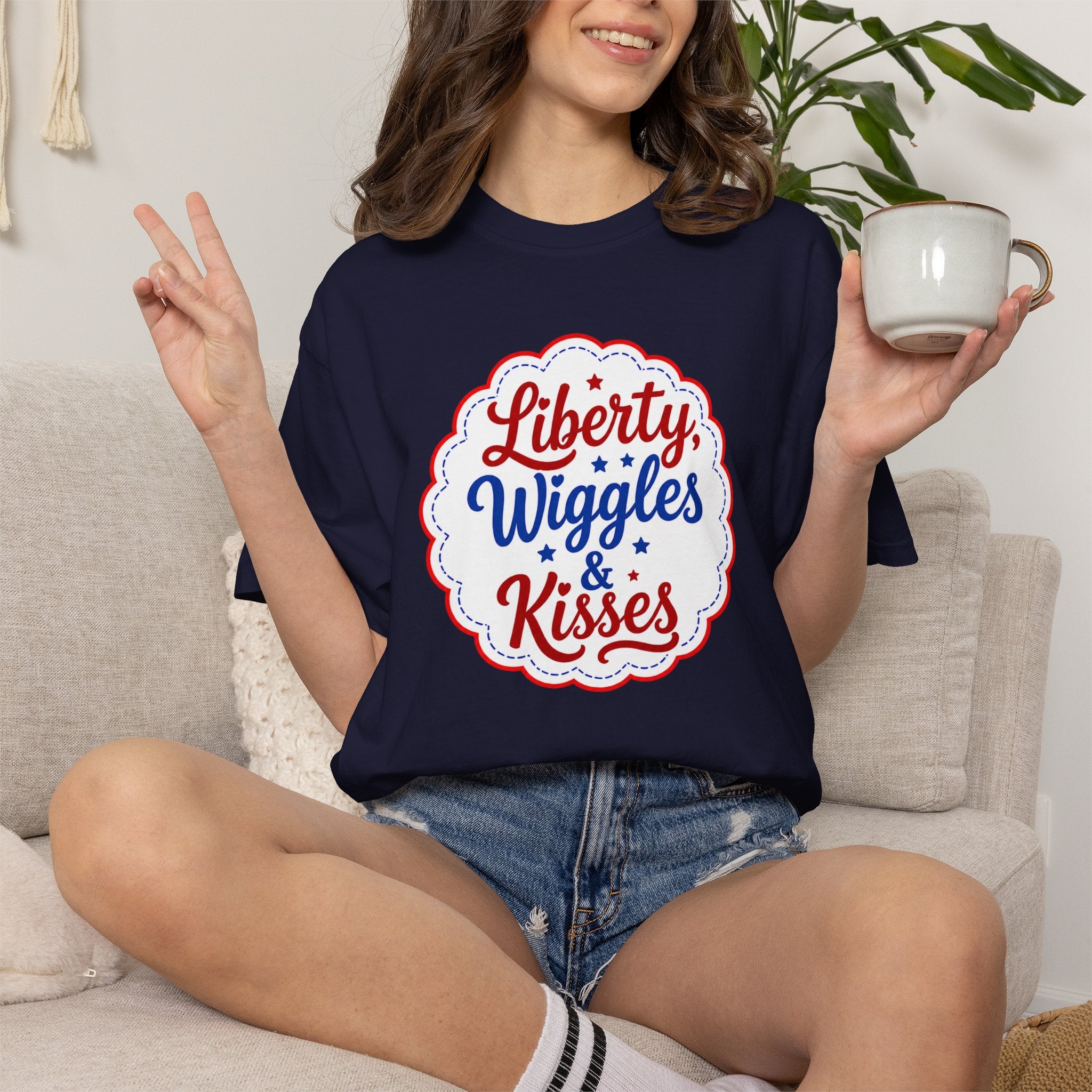 Liberty, Wiggles & Kisses Bulldog T-Shirt | Patriotic Garment-Dyed Tee (English)