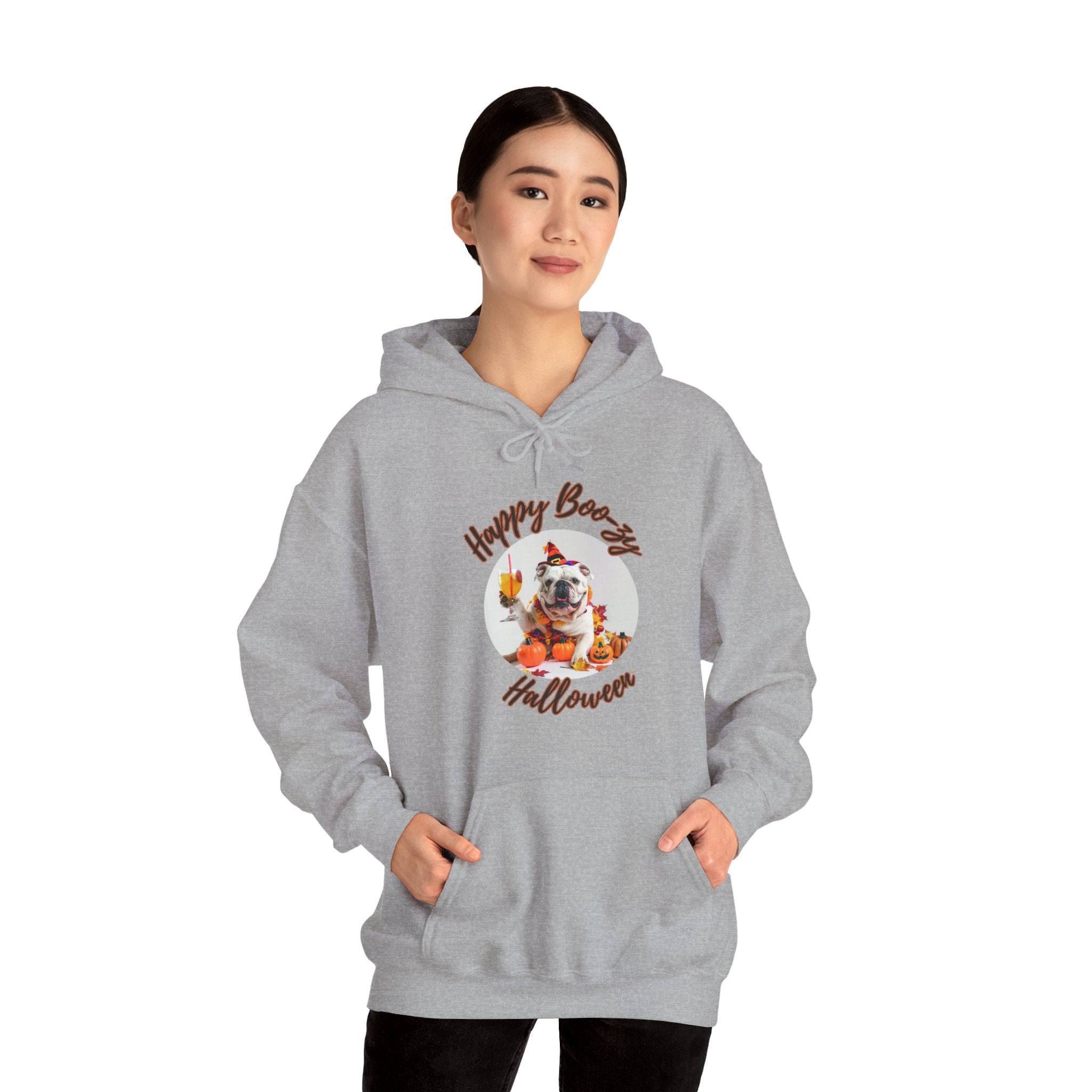 "Happy Boo-zy Halloween" Halloween Bulldog Hoodie (White/English)