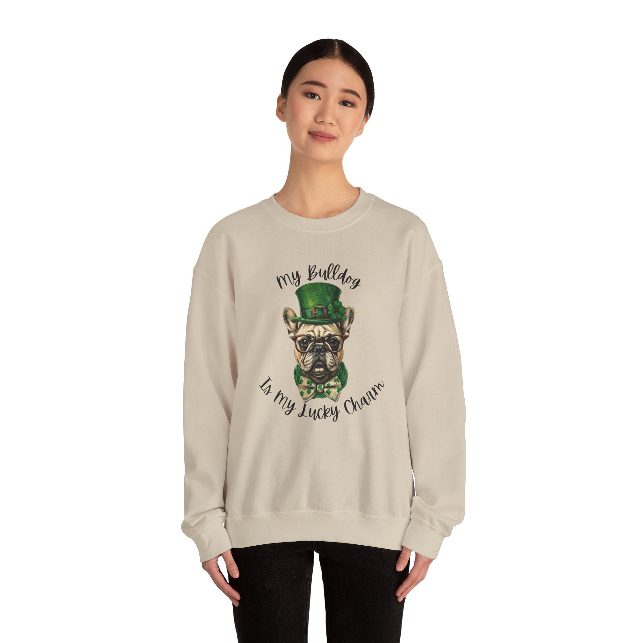 Tipsy Bully St. Patrick's Day Sweatshirt: "My Bulldog is My Lucky Charm (French)