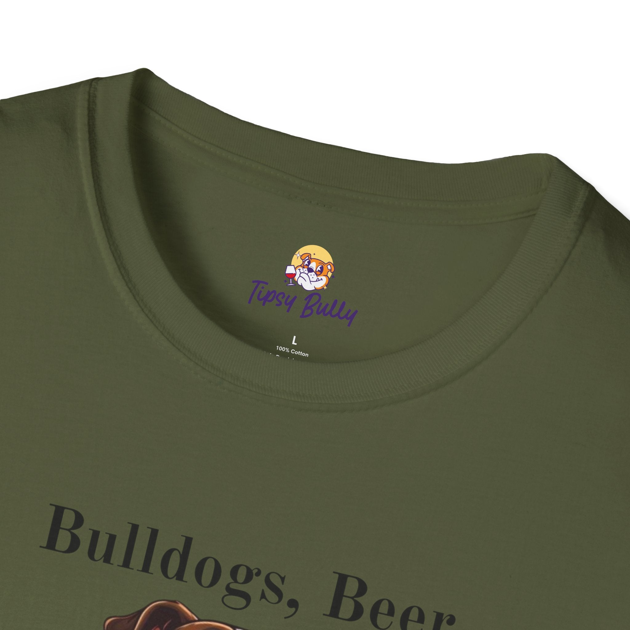Bulldogs, Beer, and Bad Decisions" Unisex T-Shirt by Tipsy Bully (American/Brown)