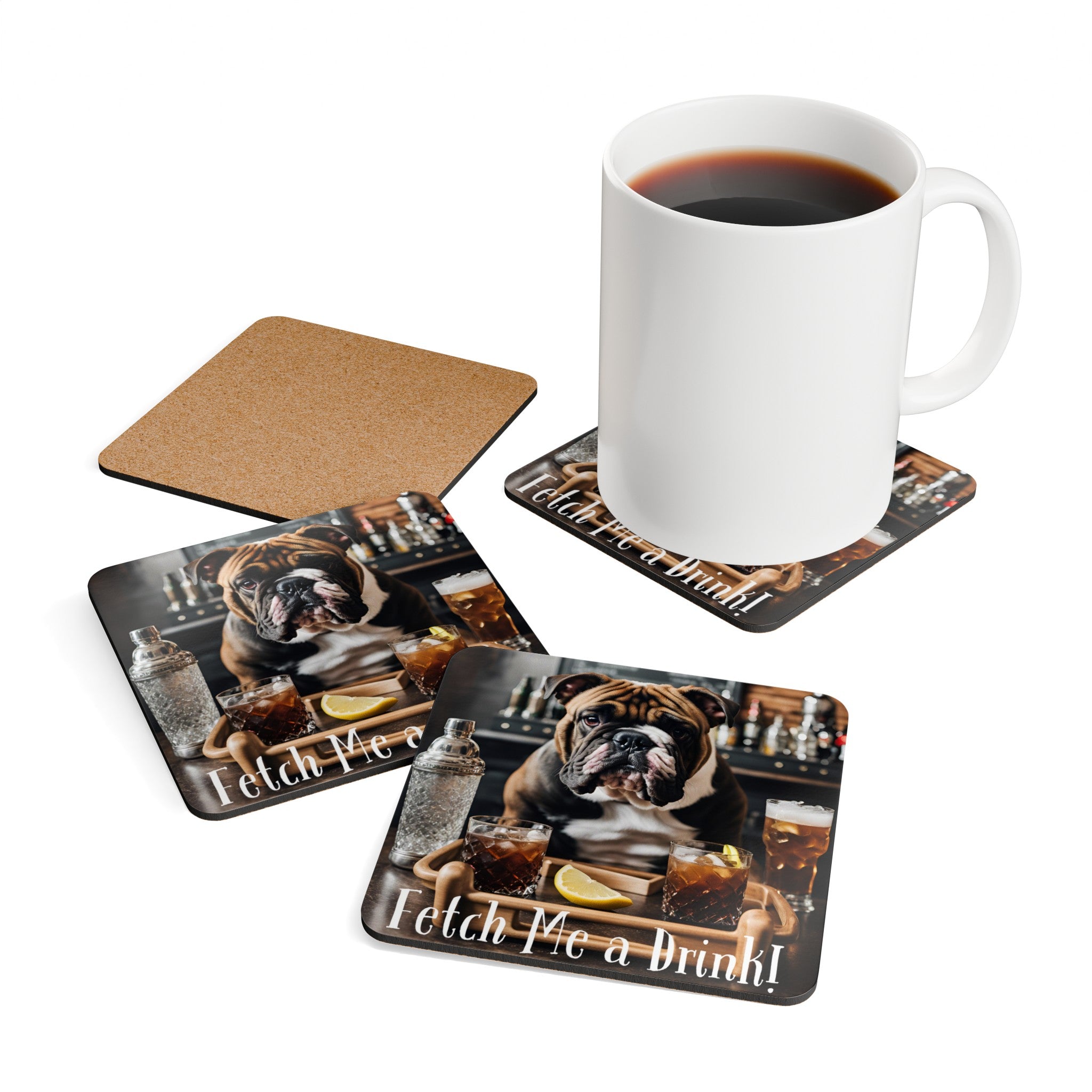 "Fetch Me A Drink" set of 4 coasters (Brown/English)