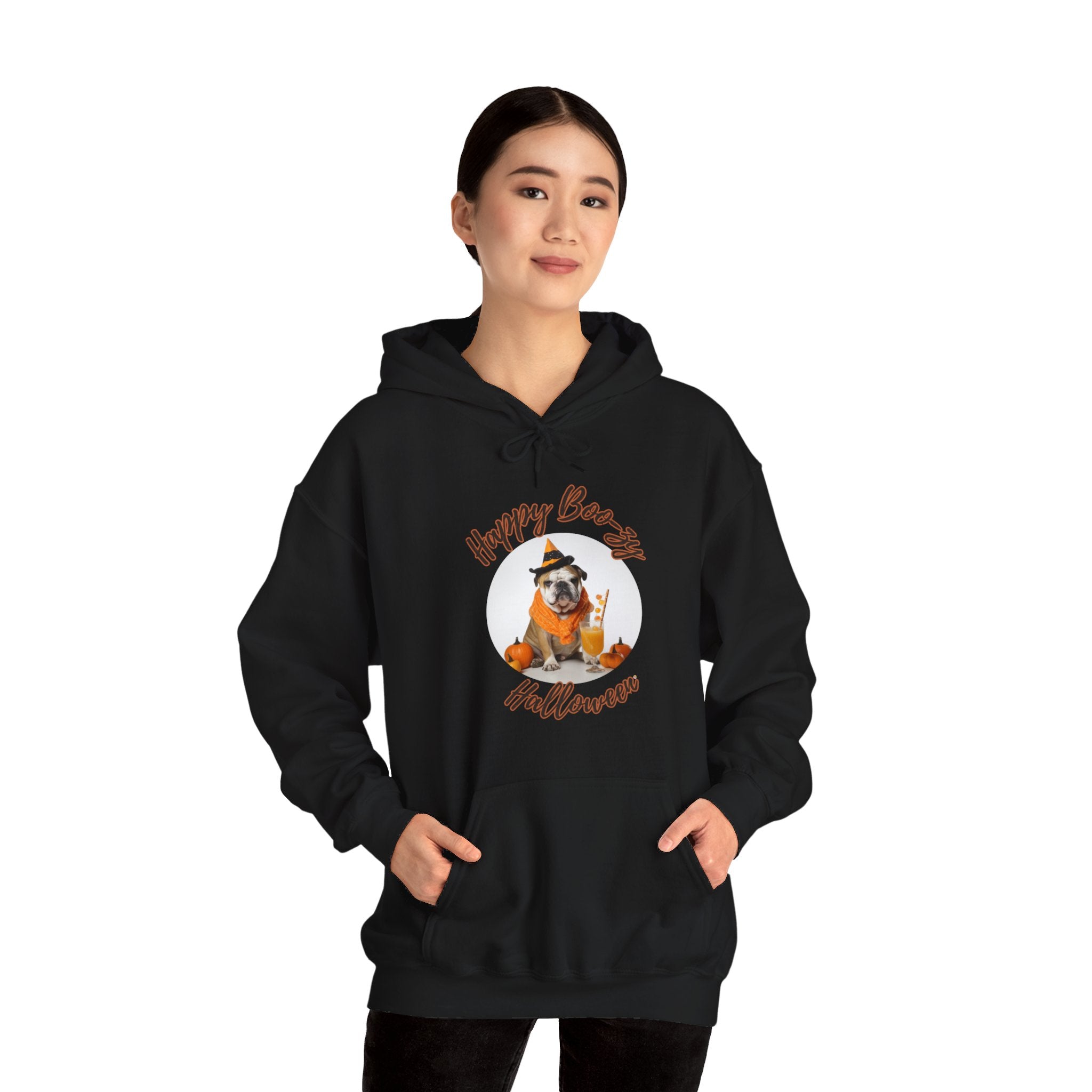 "Happy Boo-zy Haloween" Halloween Bulldog Hoodie (Tan/English)