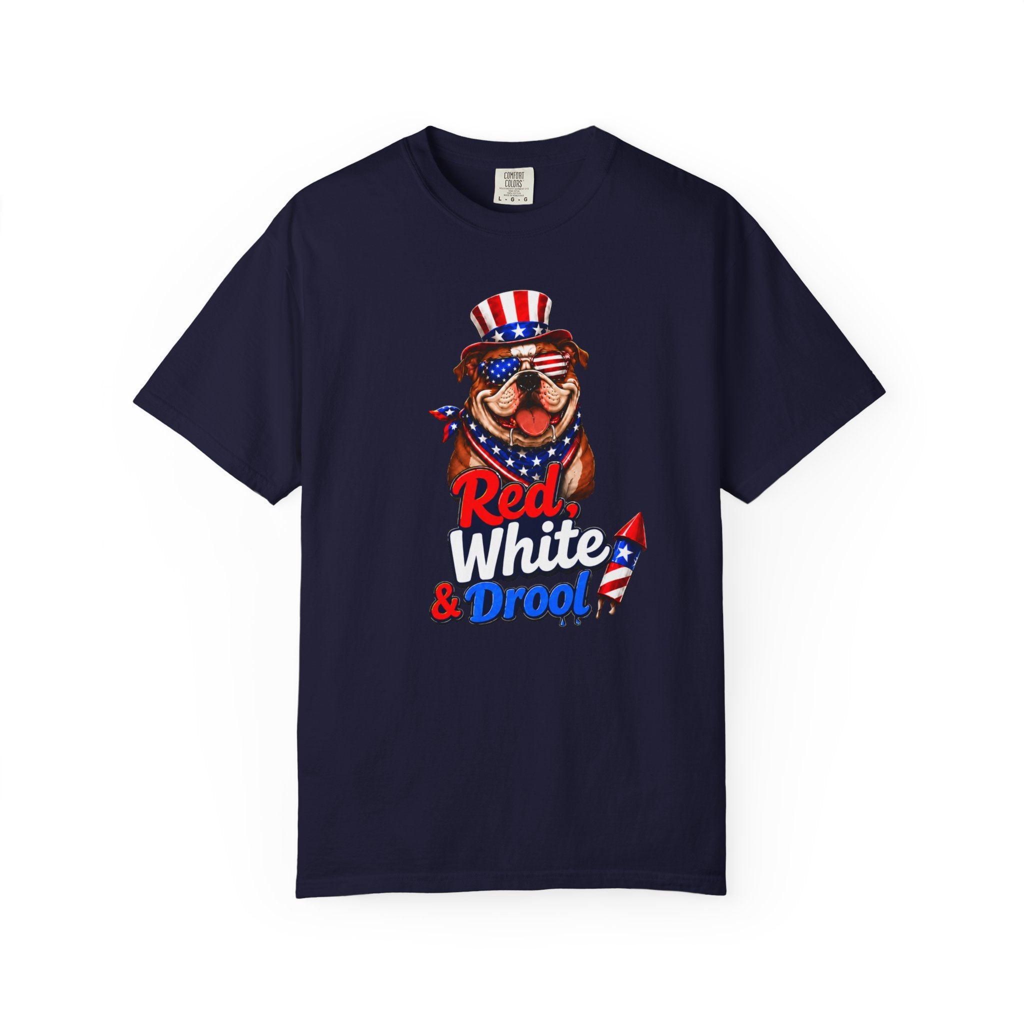 Red, White & Drool Bulldog T-Shirt | Patriotic Garment-Dyed Tee (English)