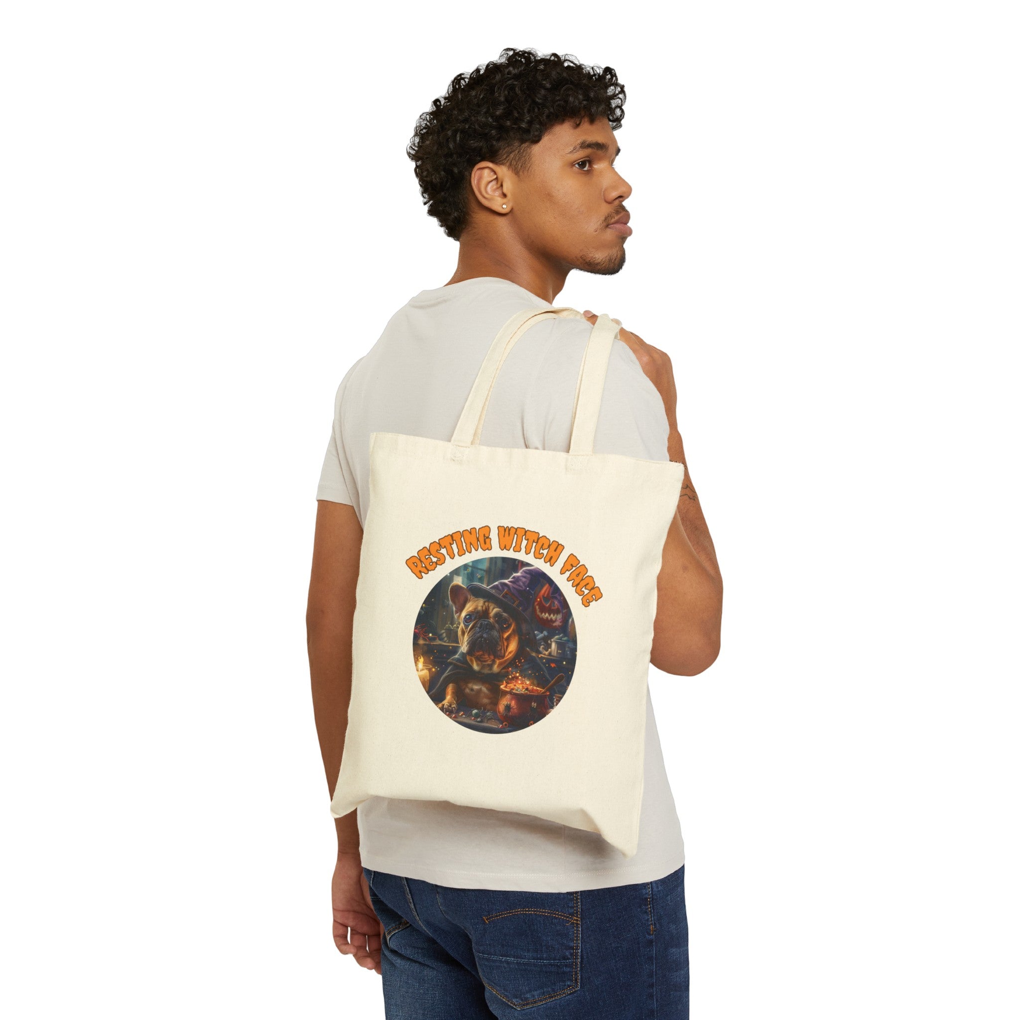 "Resting Witch Face" Trick or Treat Canvas Tote Bag (Tan/French)