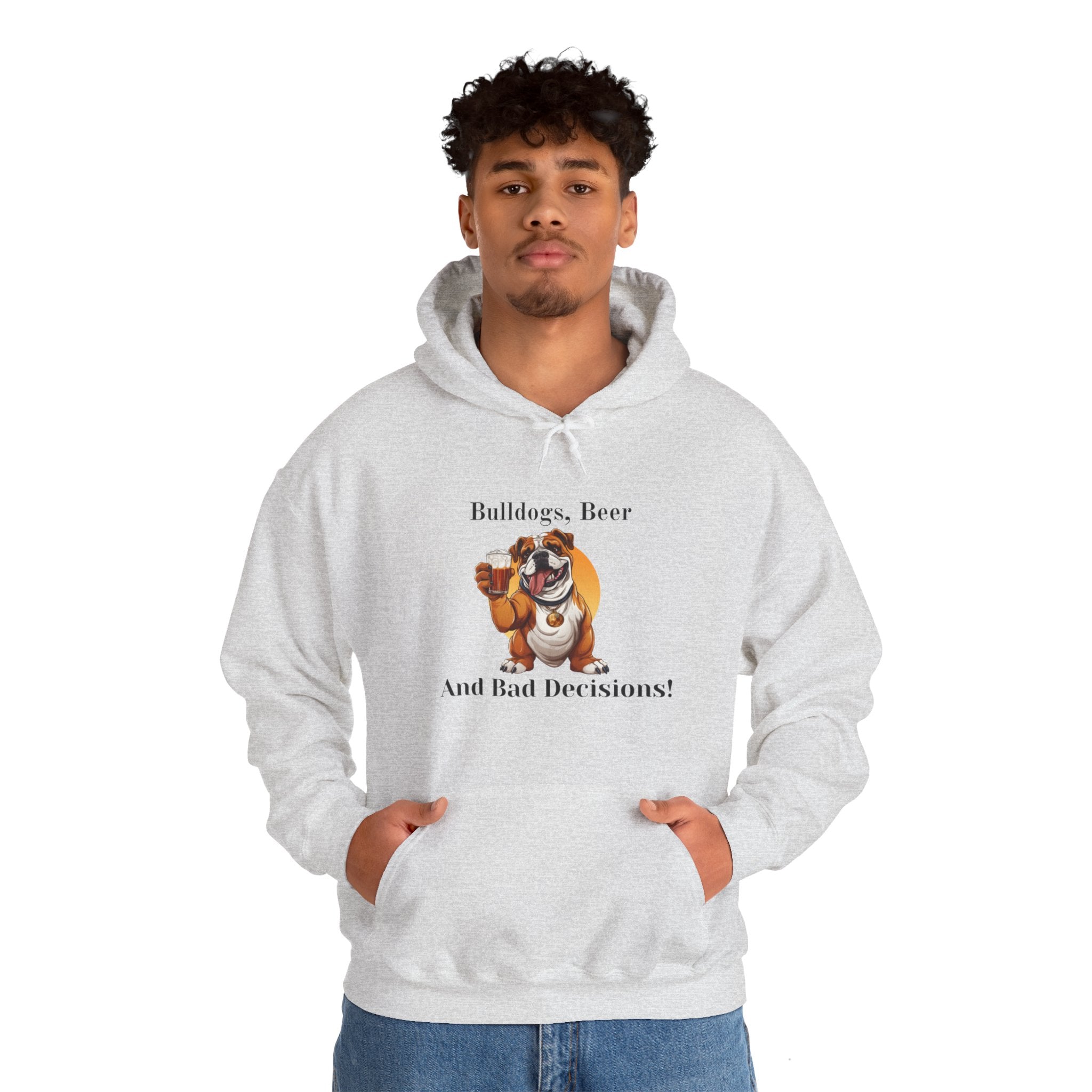 Bulldogs, Beer, and Bad Decisions" Hoodie - Your Go-To Gear for Mischievous Times! (English/Brown)