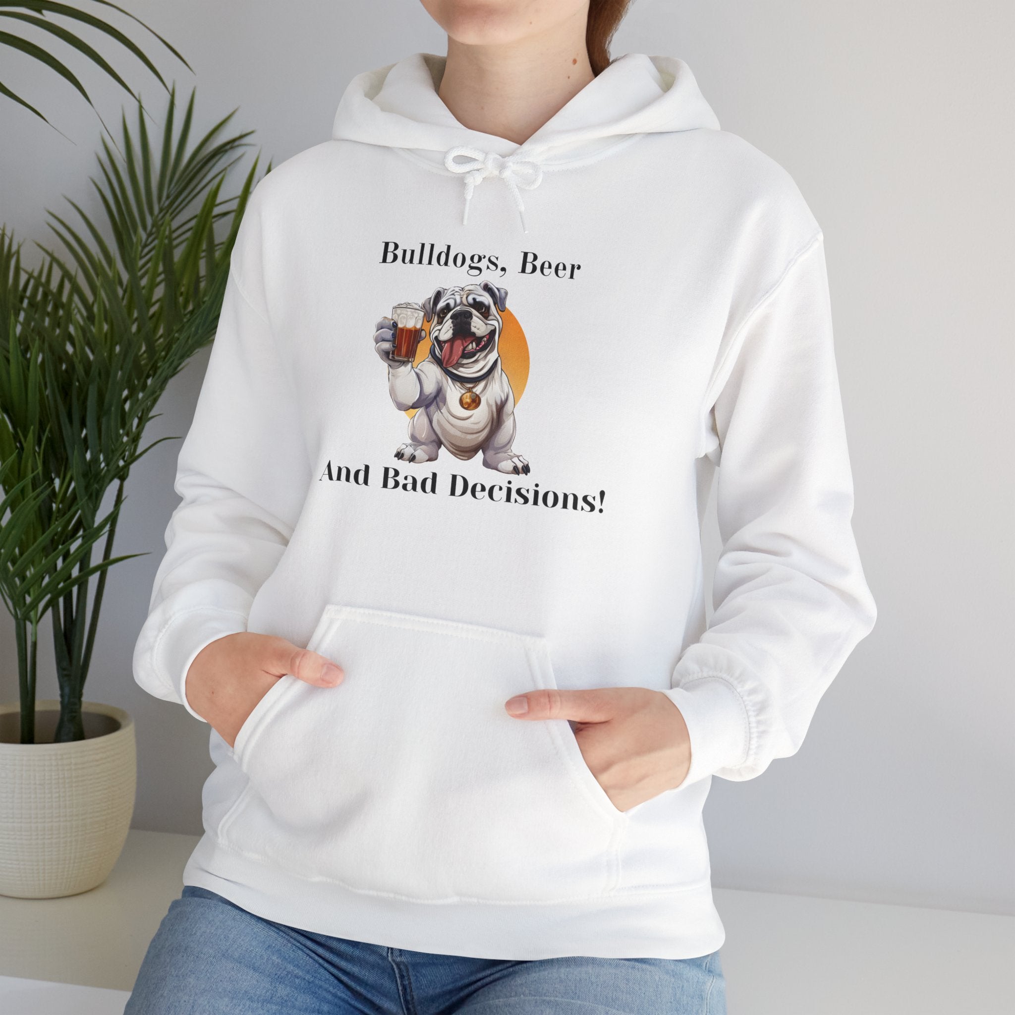 Bulldogs, Beer, and Bad Decisions" Hoodie - Your Go-To Gear for Mischievous Times! (English/White)