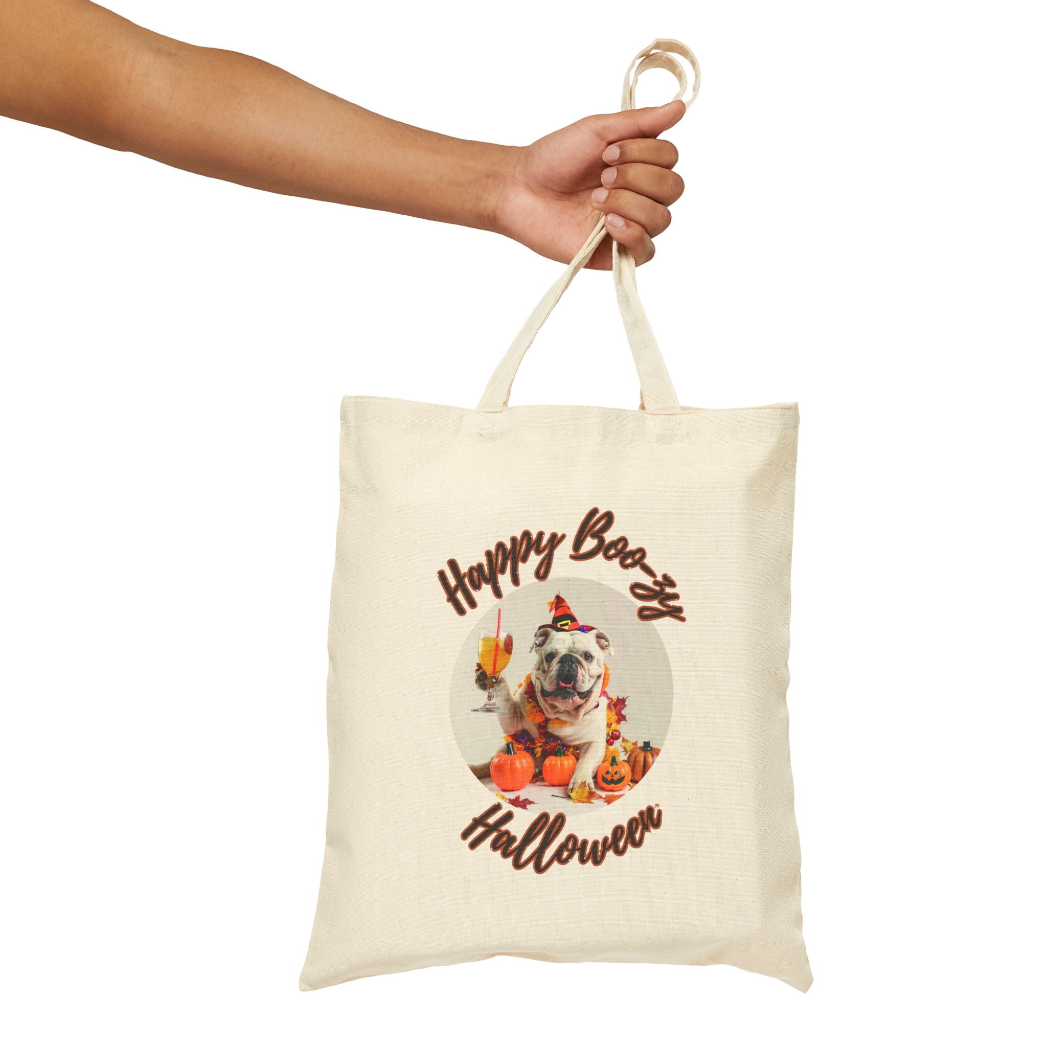 "Happy Boo-zy Halloween" Trick or Treat Canvas Tote Bag (White/English)