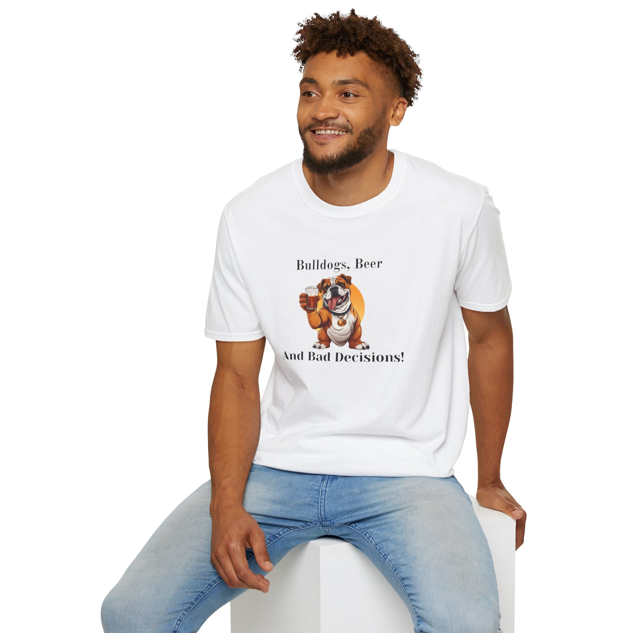 Bulldogs, Beer, and Bad Decisions" Unisex T-Shirt by Tipsy Bully (English/Brown)