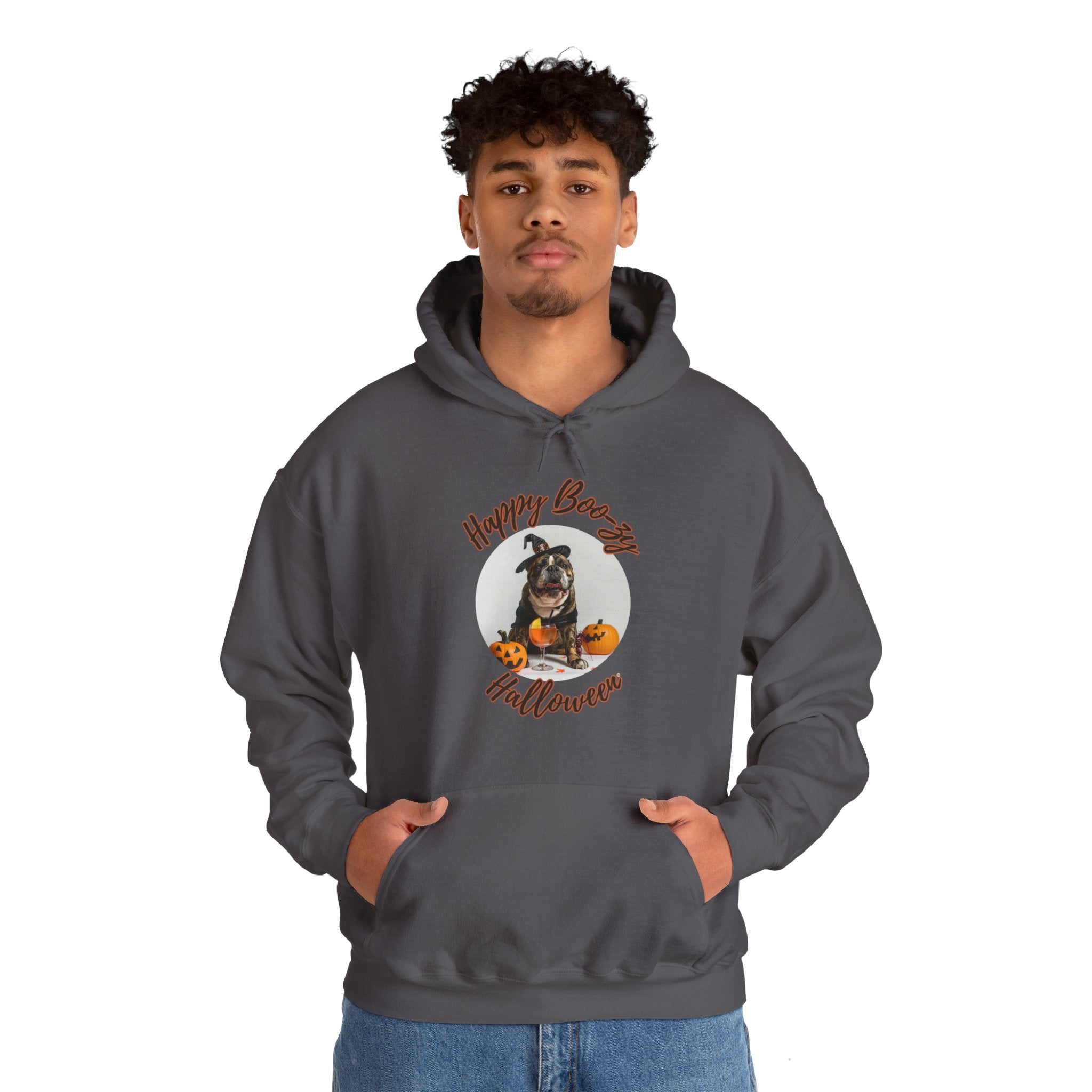 "Happy Boo-zy Halloween" Halloween Bulldog Hoodie (Black/English)