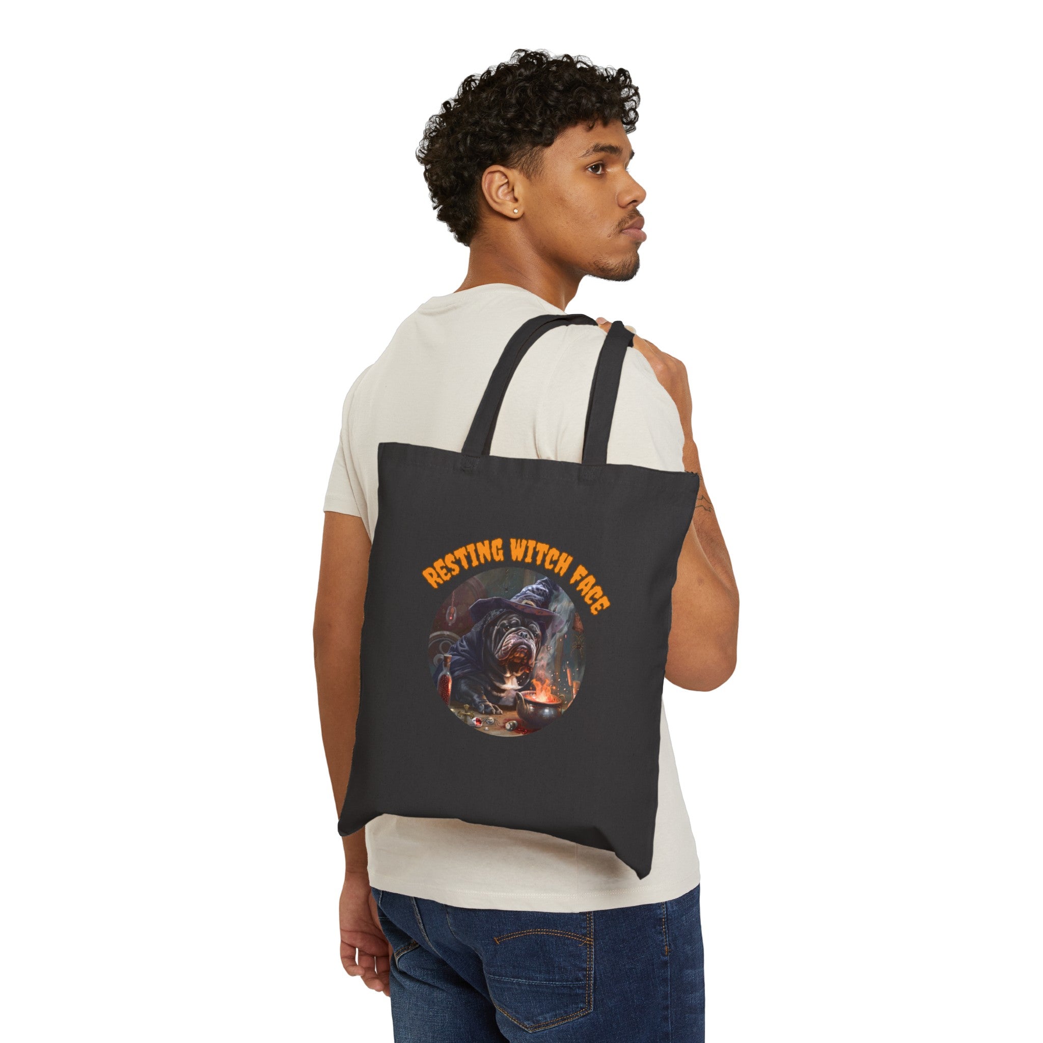 "Resting Witch Face" Trick or Treat Canvas Tote Bag (Black/English)