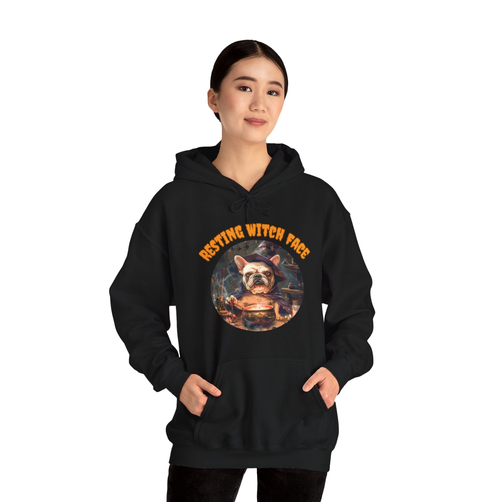 "Resting Witch Face" Halloween Bulldog Hoodie (White/French)