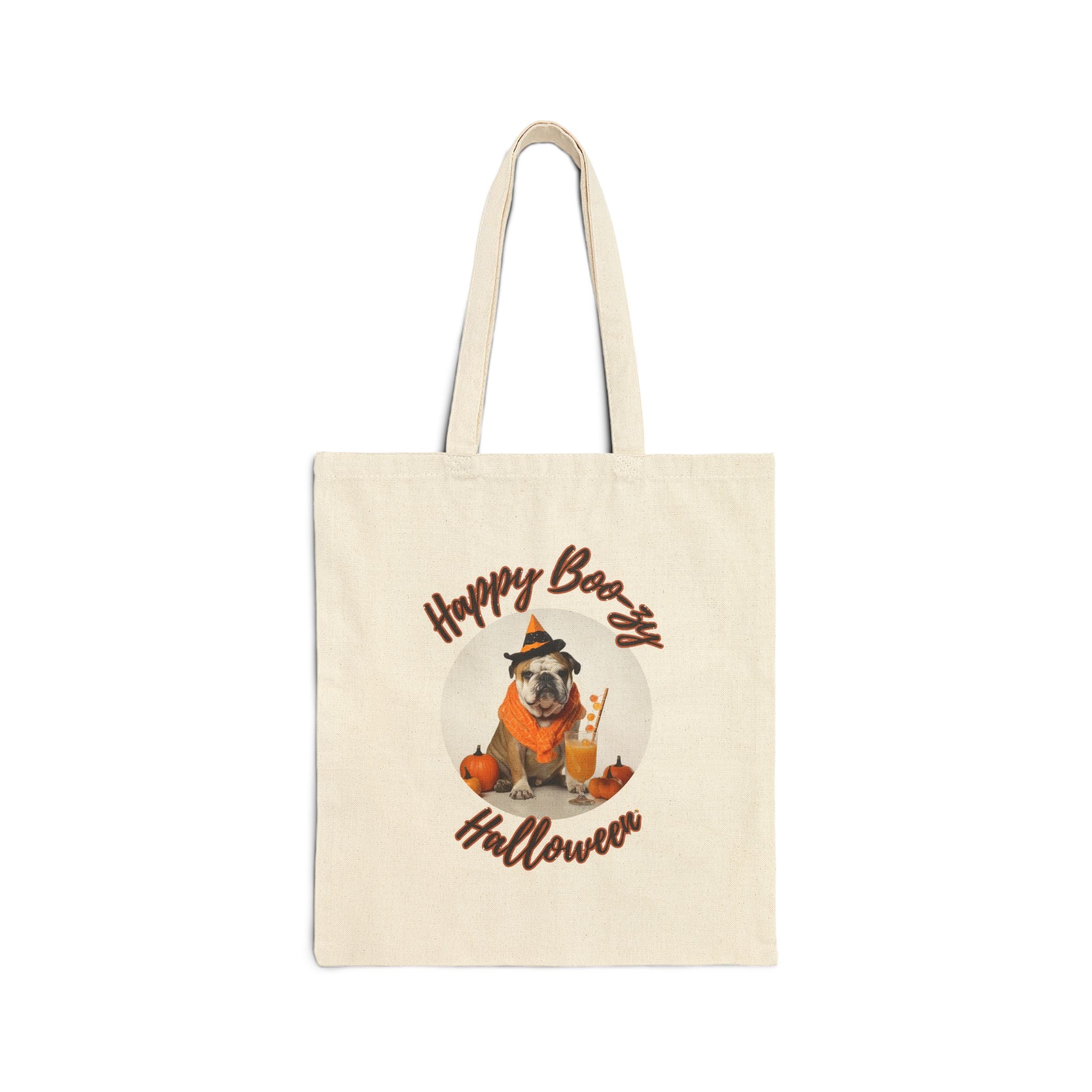 "Happy Boo-zy Haloween" Trick or Treat Canvas Tote Bag (Tan/English)