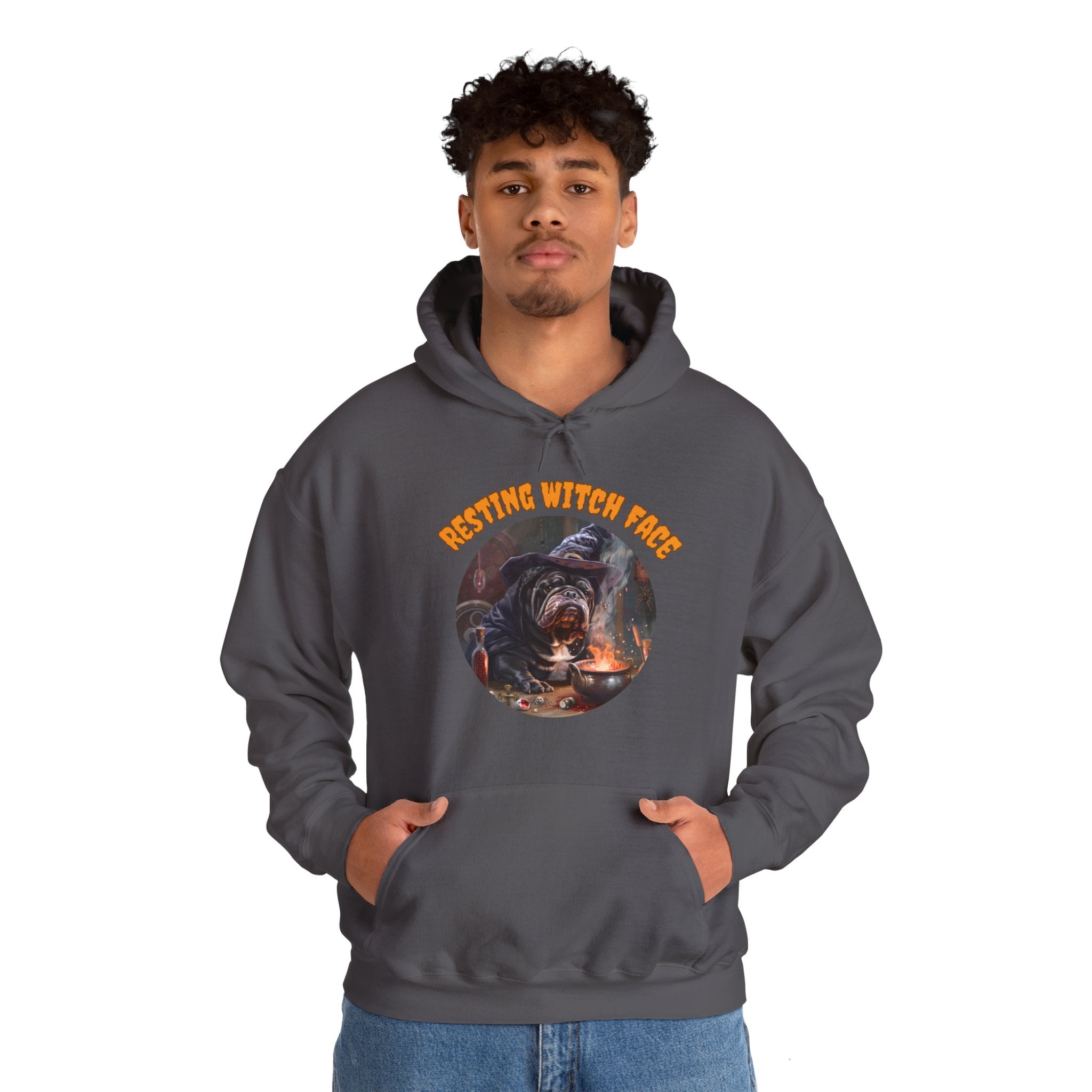 "Resting Witch Face" Halloween Bulldog Hoodie (Black/English)