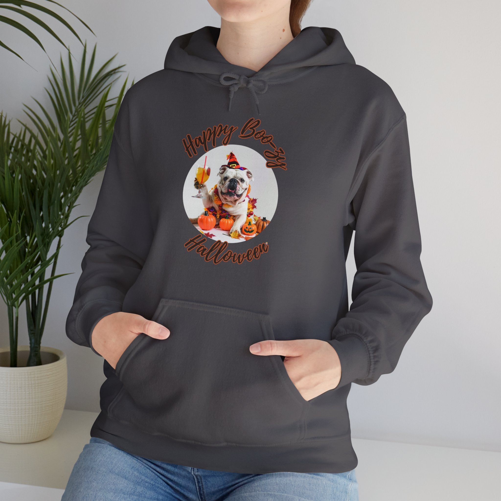 "Happy Boo-zy Halloween" Halloween Bulldog Hoodie (White/English)