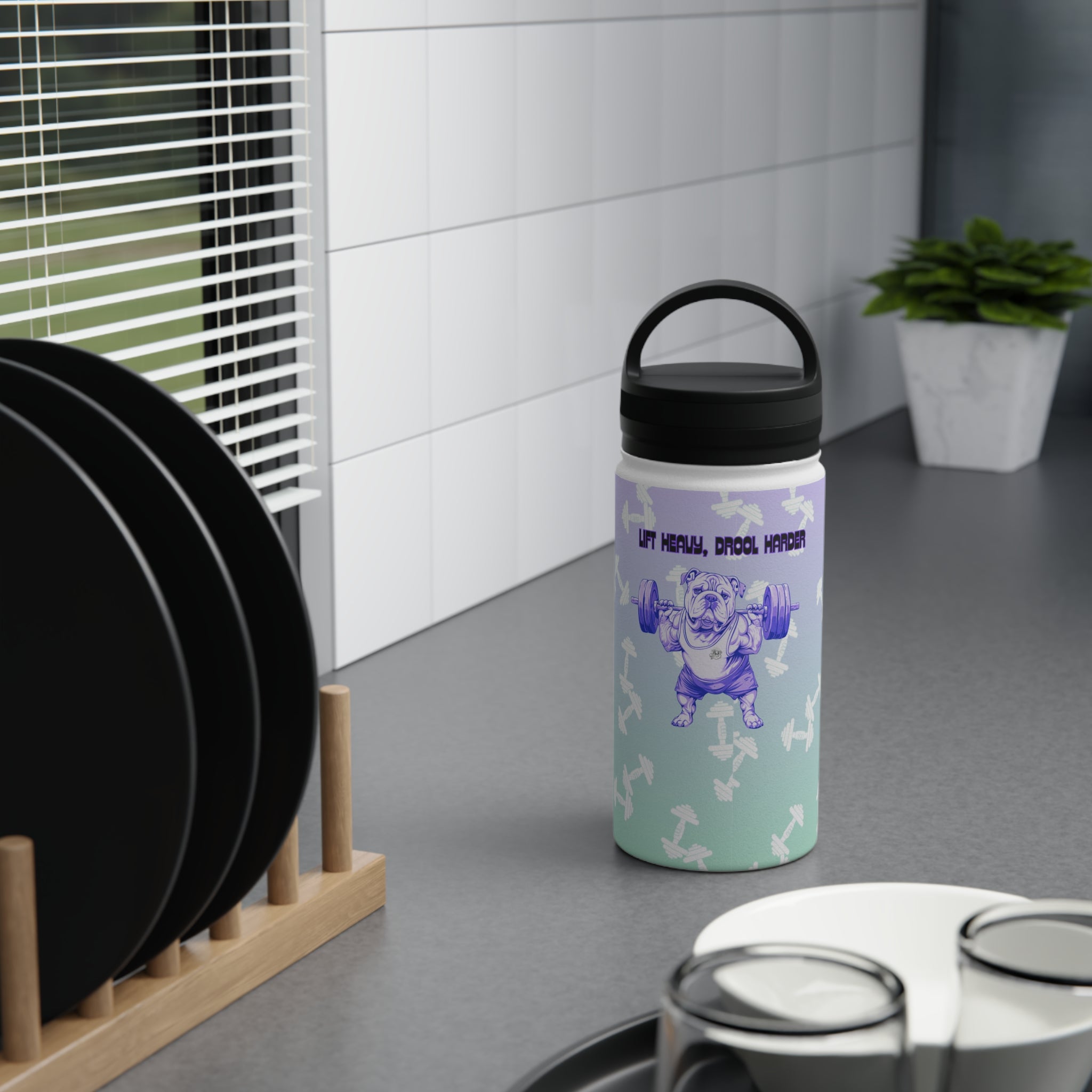 Tipsy Bully Ripped Bulldog Stainless Steel Water Bottle, Handle Lid (English/Purple)