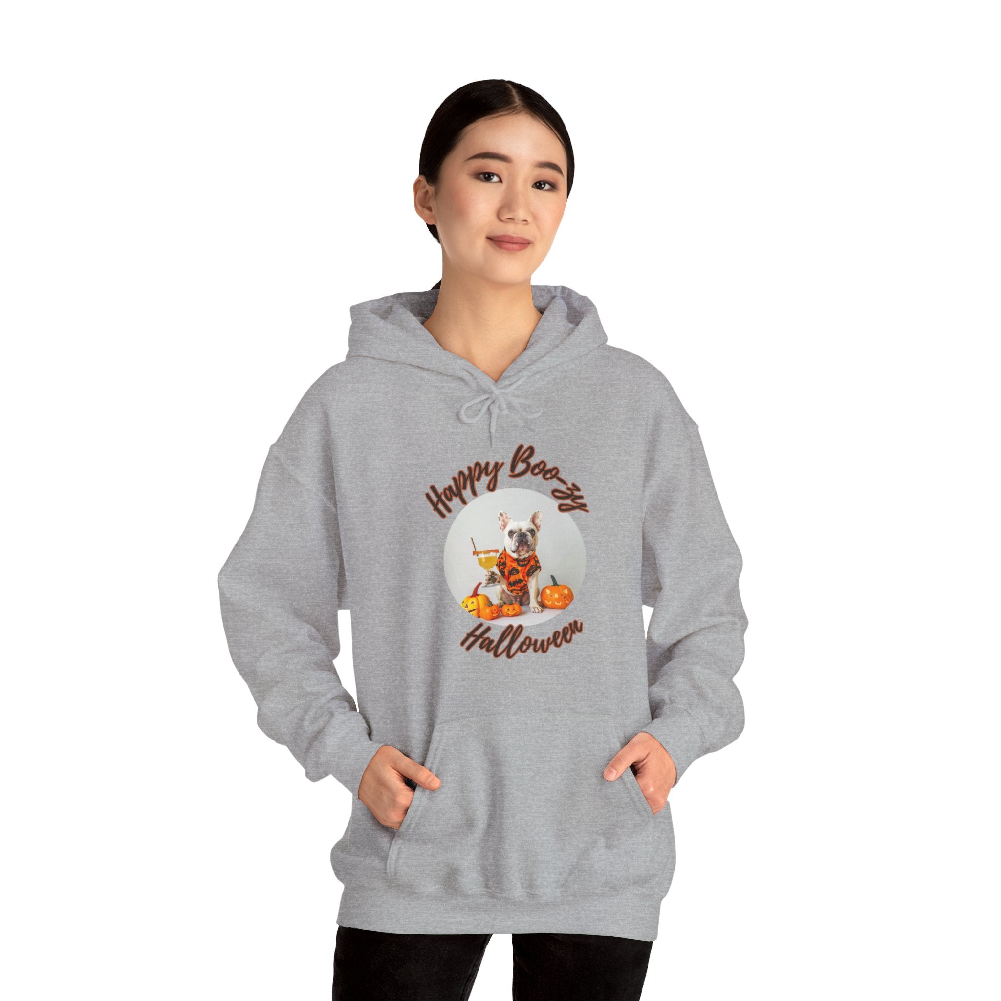 "Happy Boo-zy Halloween" Halloween Bulldog Hoodie (White/French)