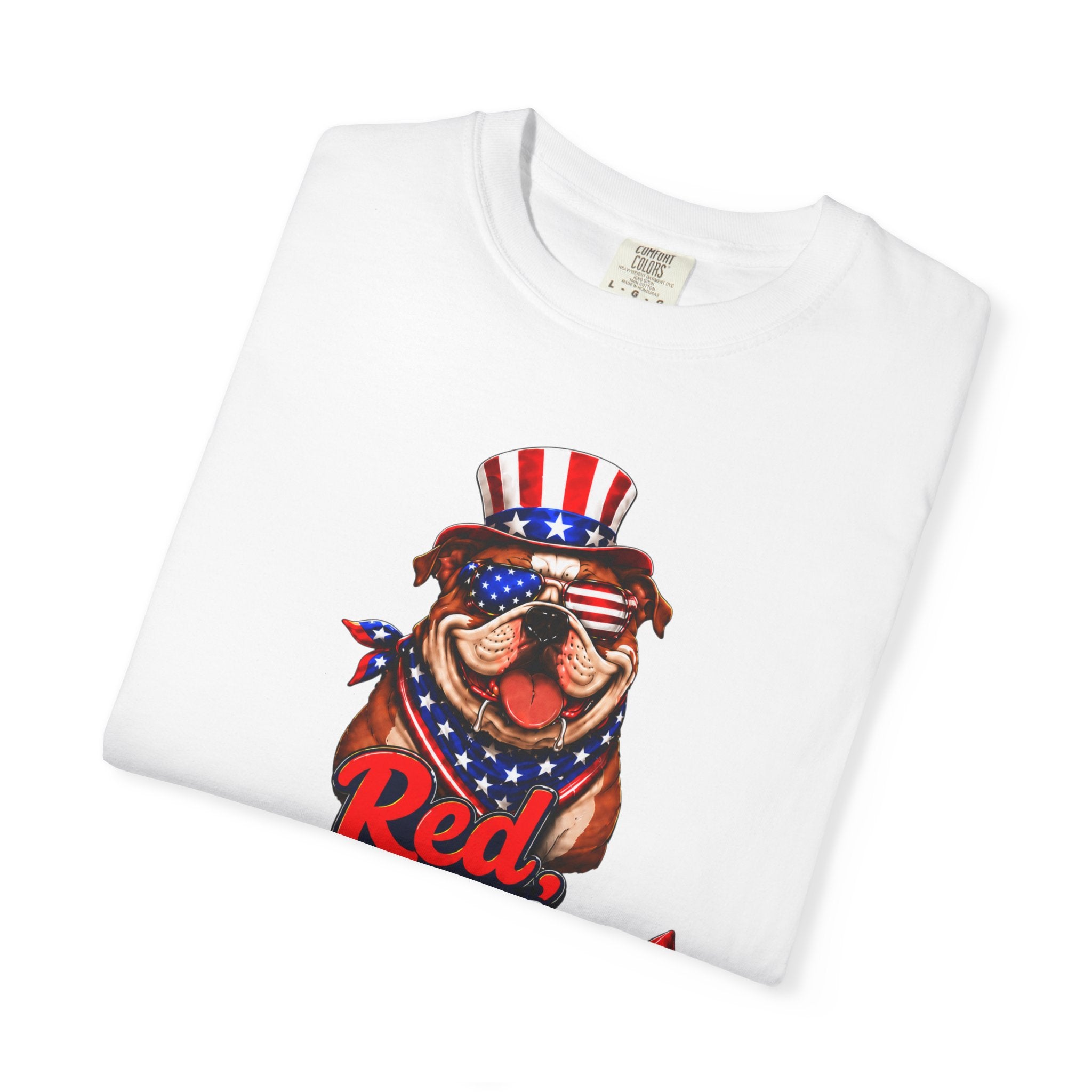Red, White & Drool Bulldog T-Shirt | Patriotic Garment-Dyed Tee (English)