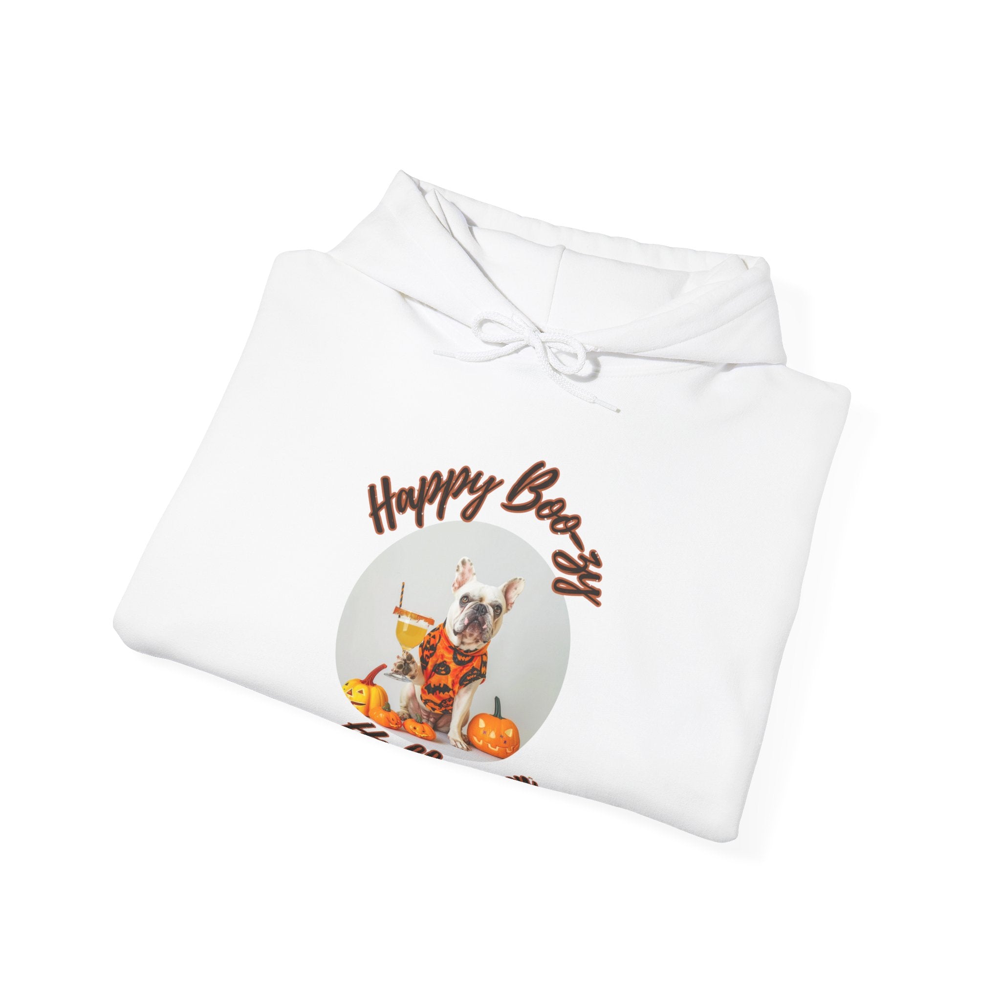 "Happy Boo-zy Halloween" Halloween Bulldog Hoodie (White/French)