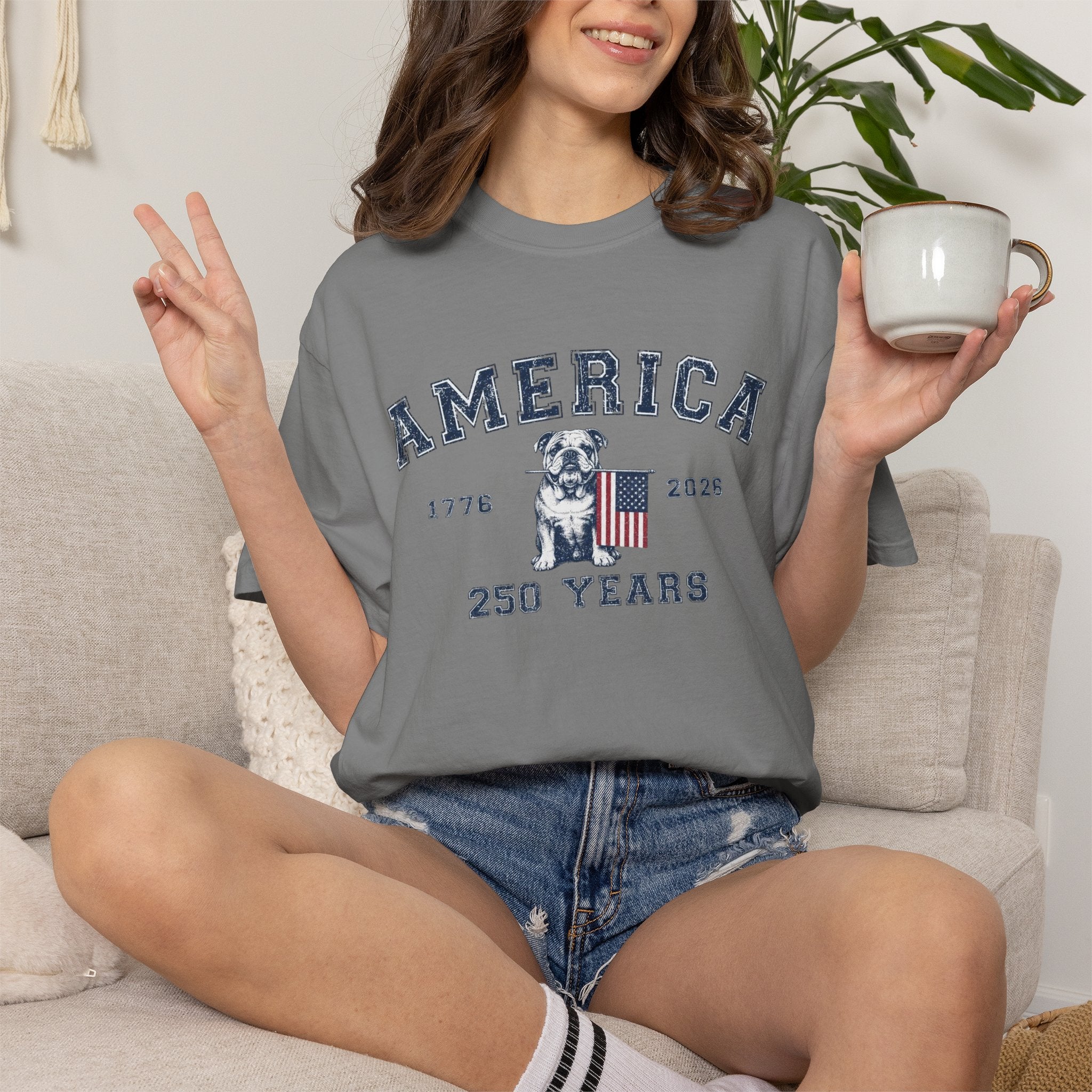 America 250 Years Bulldog T-Shirt | Patriotic Garment-Dyed Tee (English)