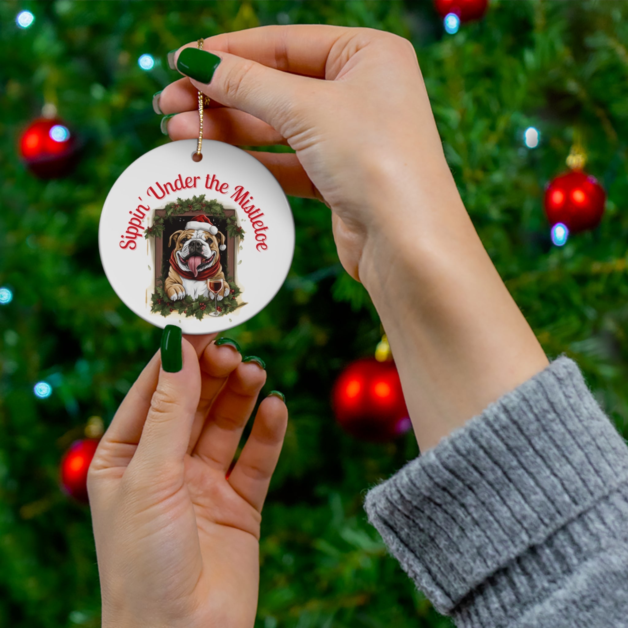 Sippin' Under the Mistletoe" Christmas Ornament - English Bulldog