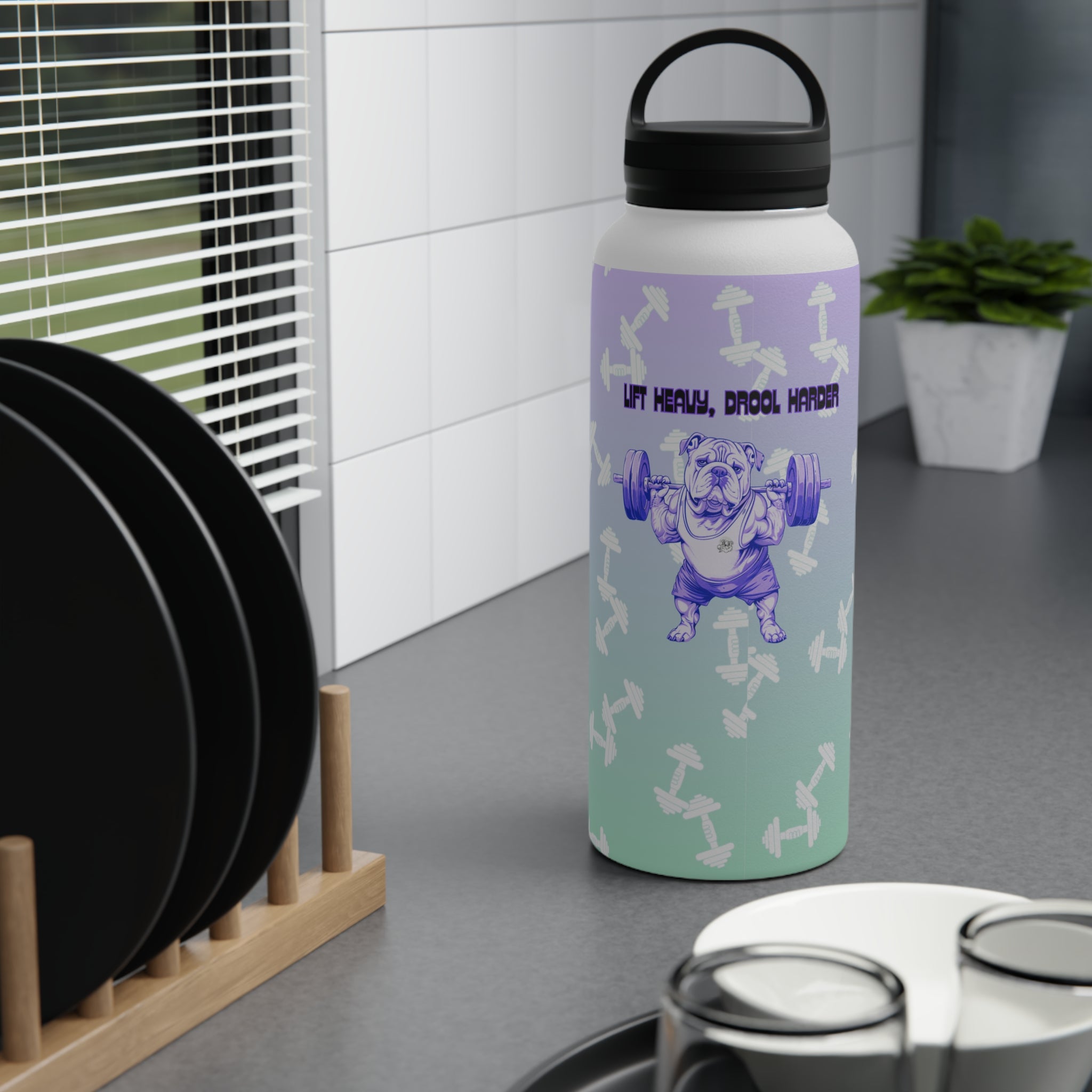 Tipsy Bully Ripped Bulldog Stainless Steel Water Bottle, Handle Lid (English/Purple)