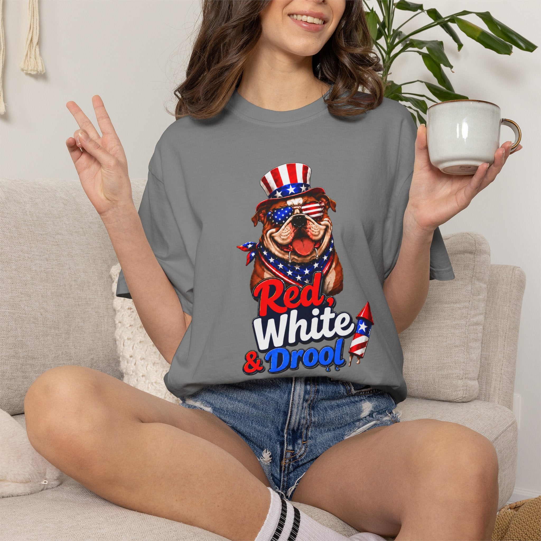 Red, White & Drool Bulldog T-Shirt | Patriotic Garment-Dyed Tee (English)