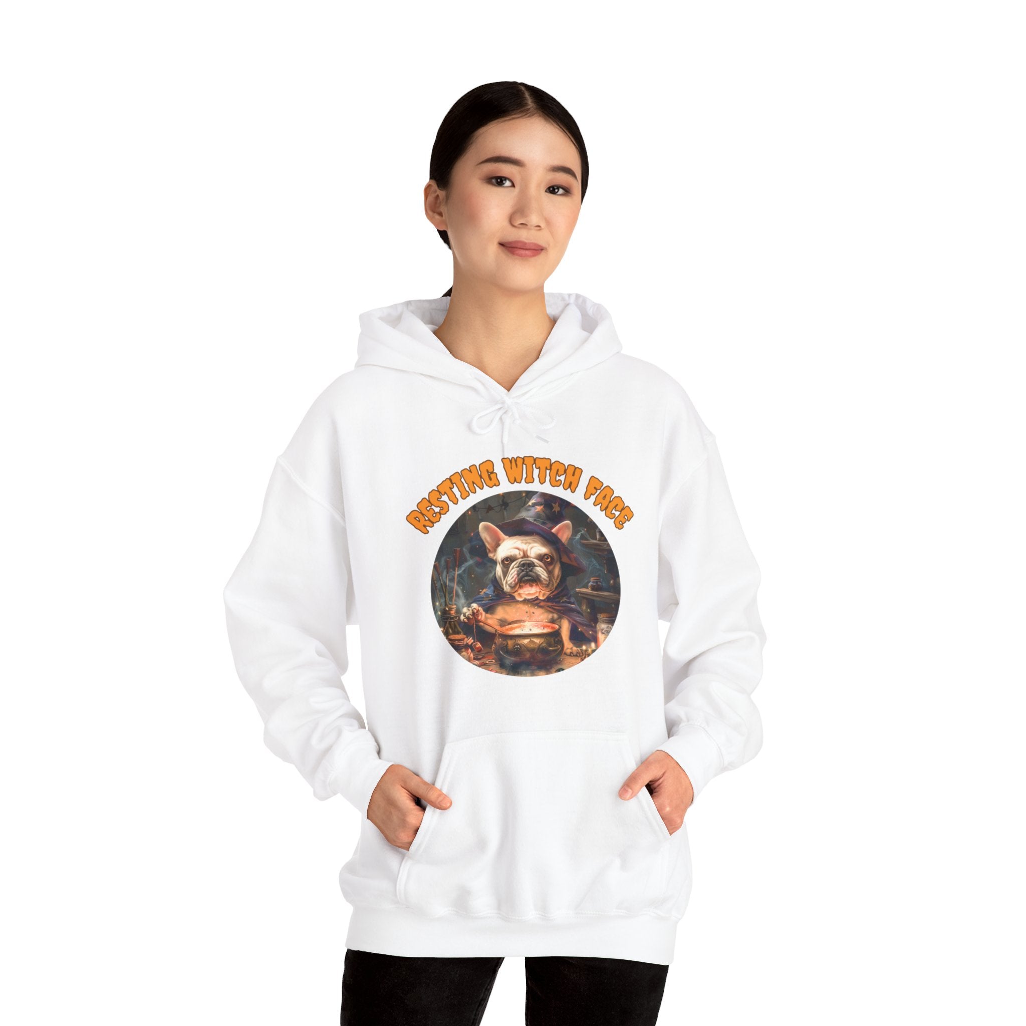 "Resting Witch Face" Halloween Bulldog Hoodie (White/French)