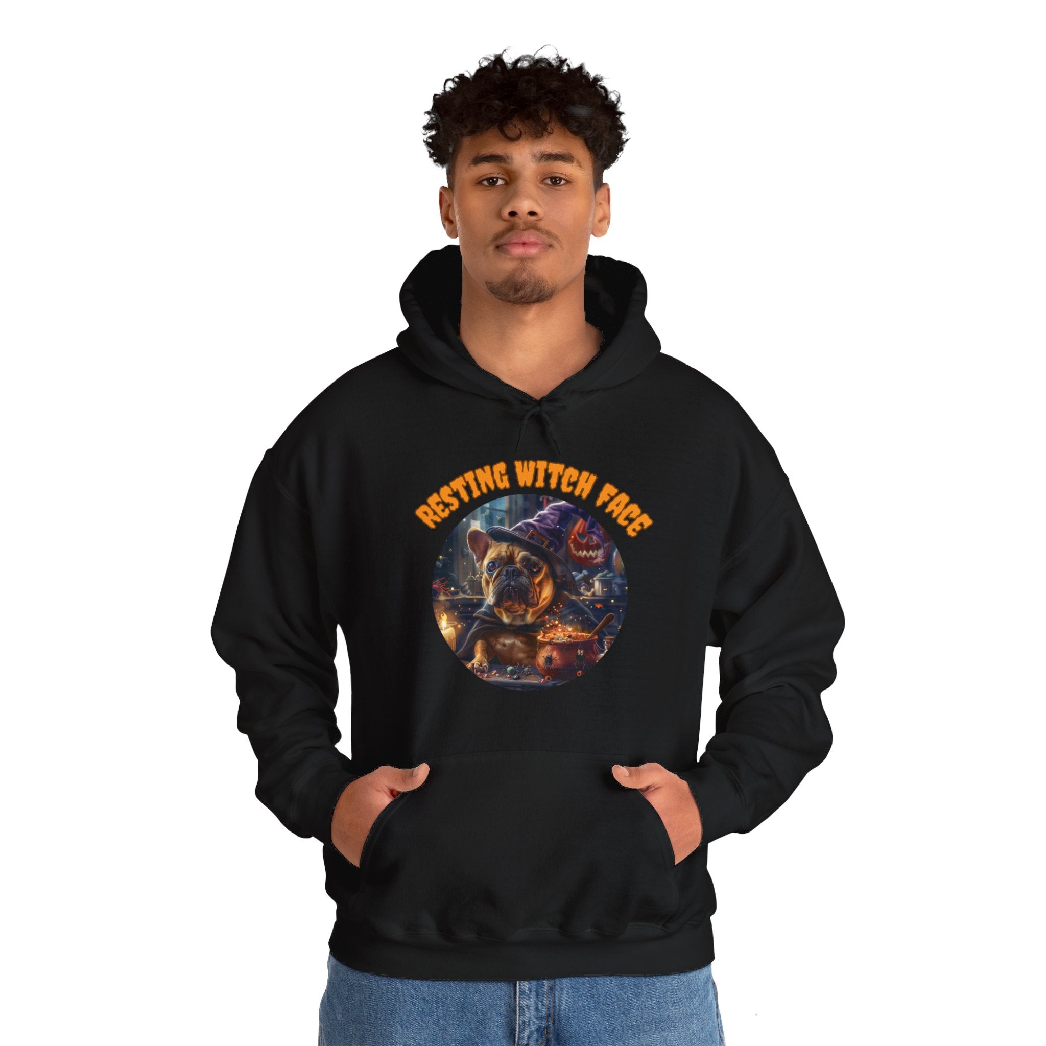 "Resting Witch Face" Halloween Bulldog Hoodie (Tan/French)