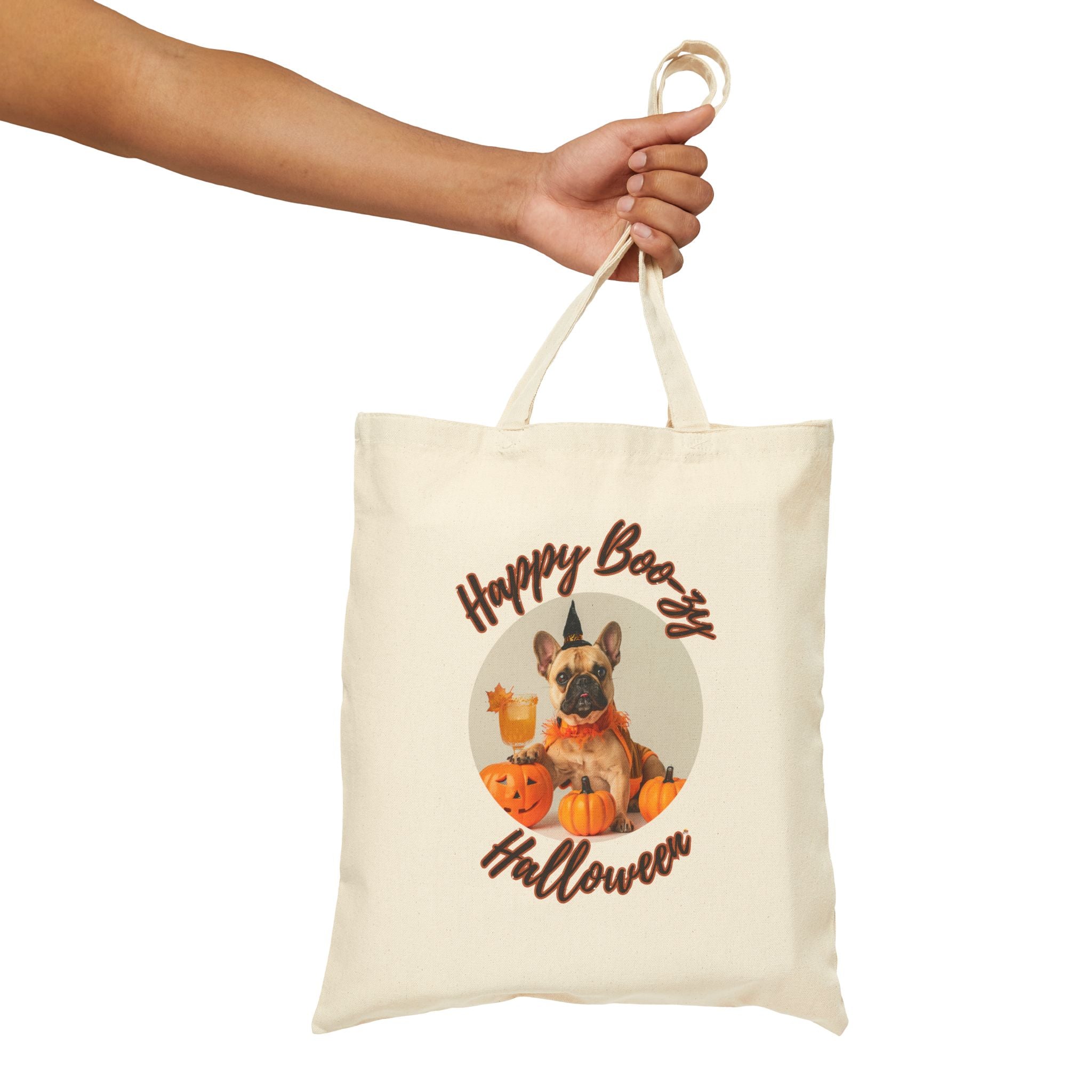 "Happy Boo-zy Halloween" Trick or Treat Canvas Tote Bag (Tan/French)