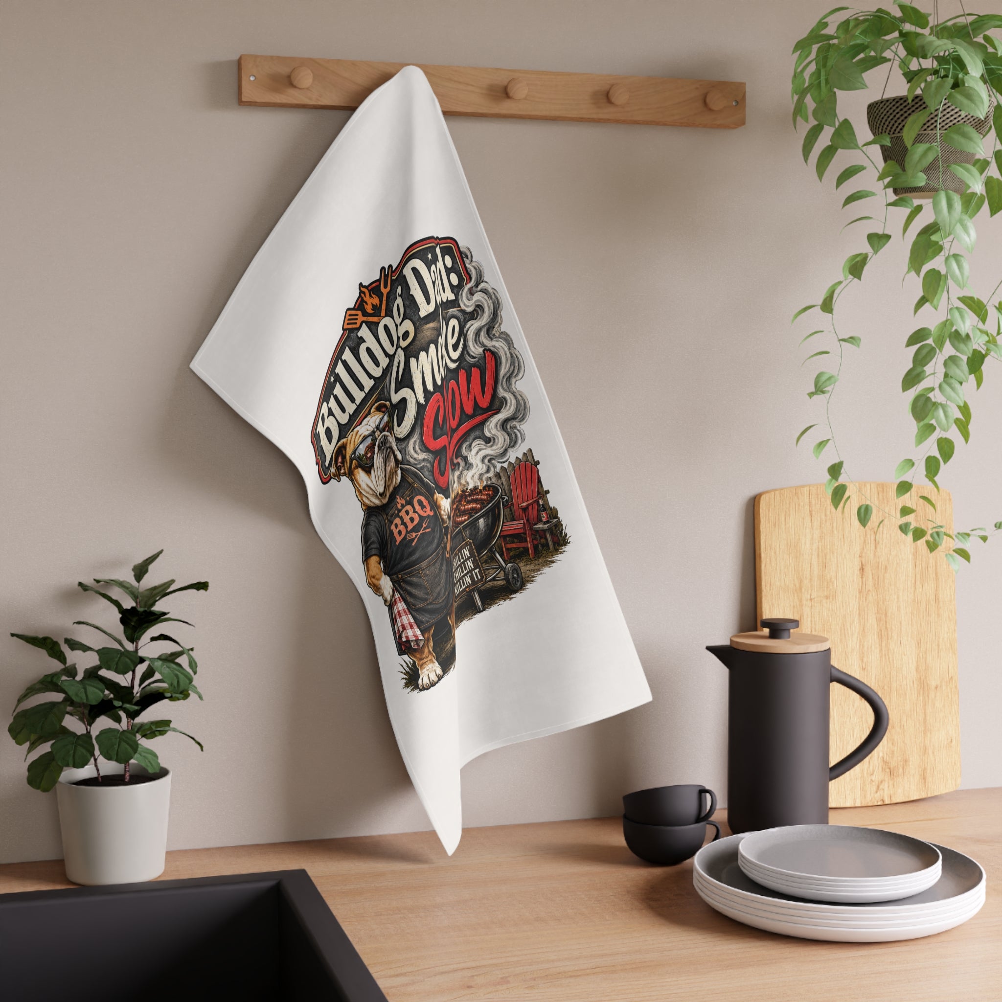 Bulldog Dad BBQ Tea Towel — "Smoke Show" Cotton Kitchen Towel (English)