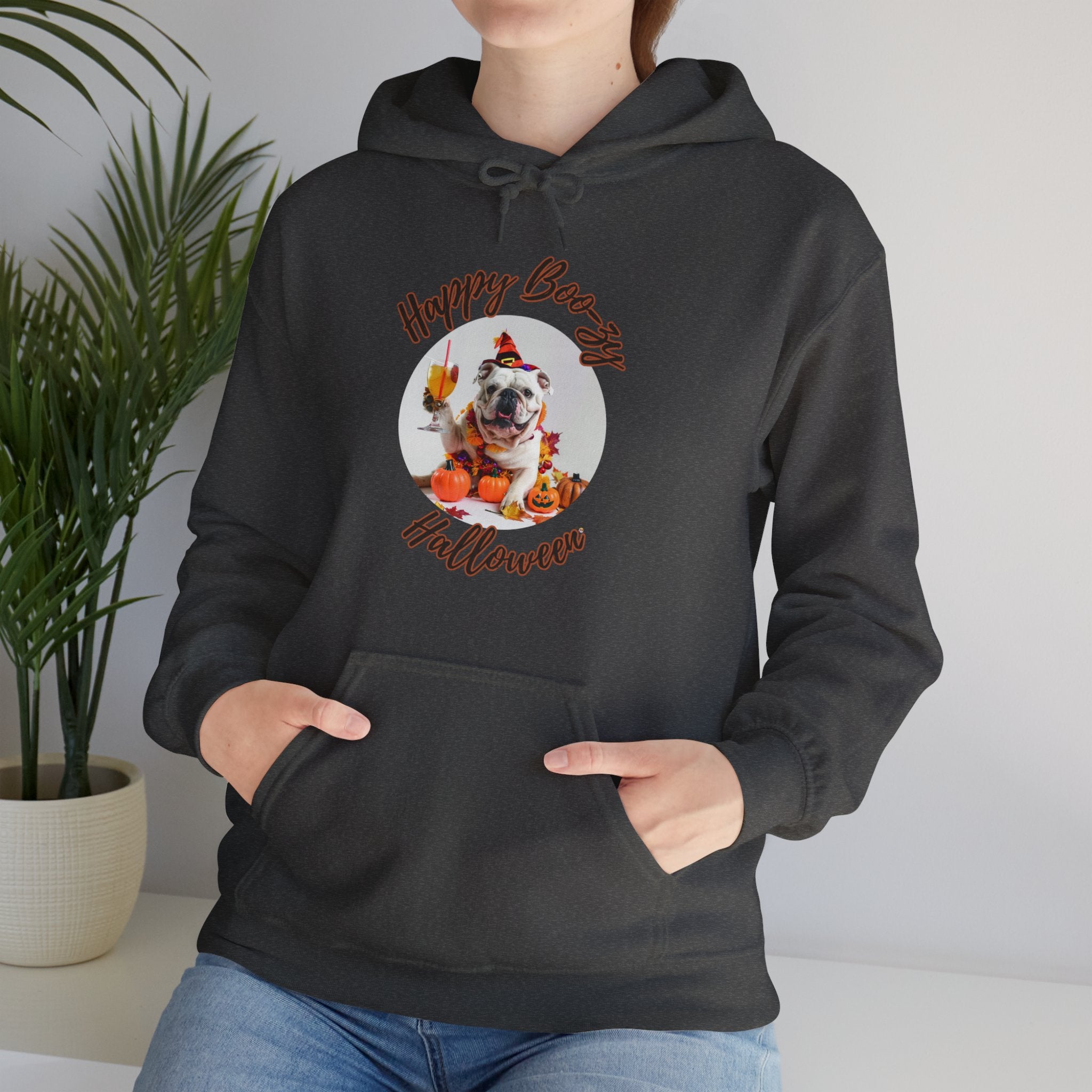 "Happy Boo-zy Halloween" Halloween Bulldog Hoodie (White/English)