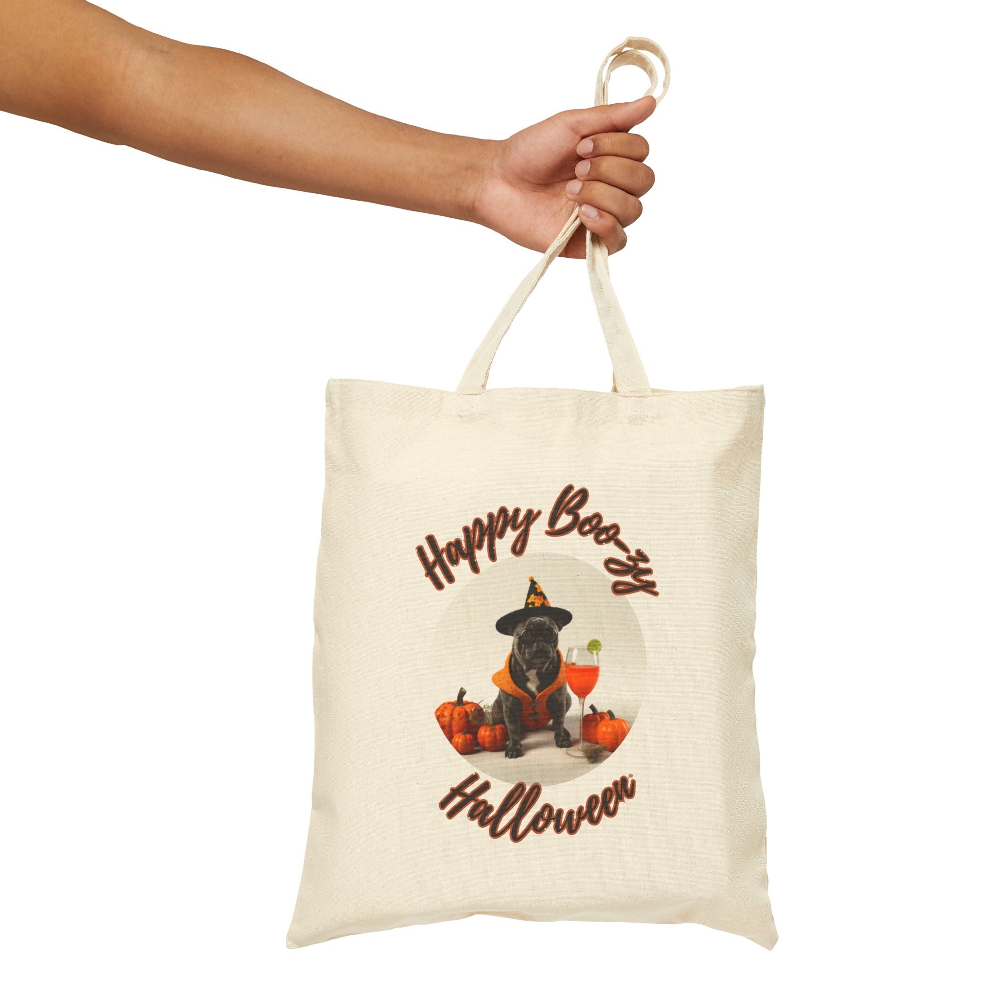 "Happy Boo-zy Halloween" Trick or Treat Canvas Tote Bag (Black/French)