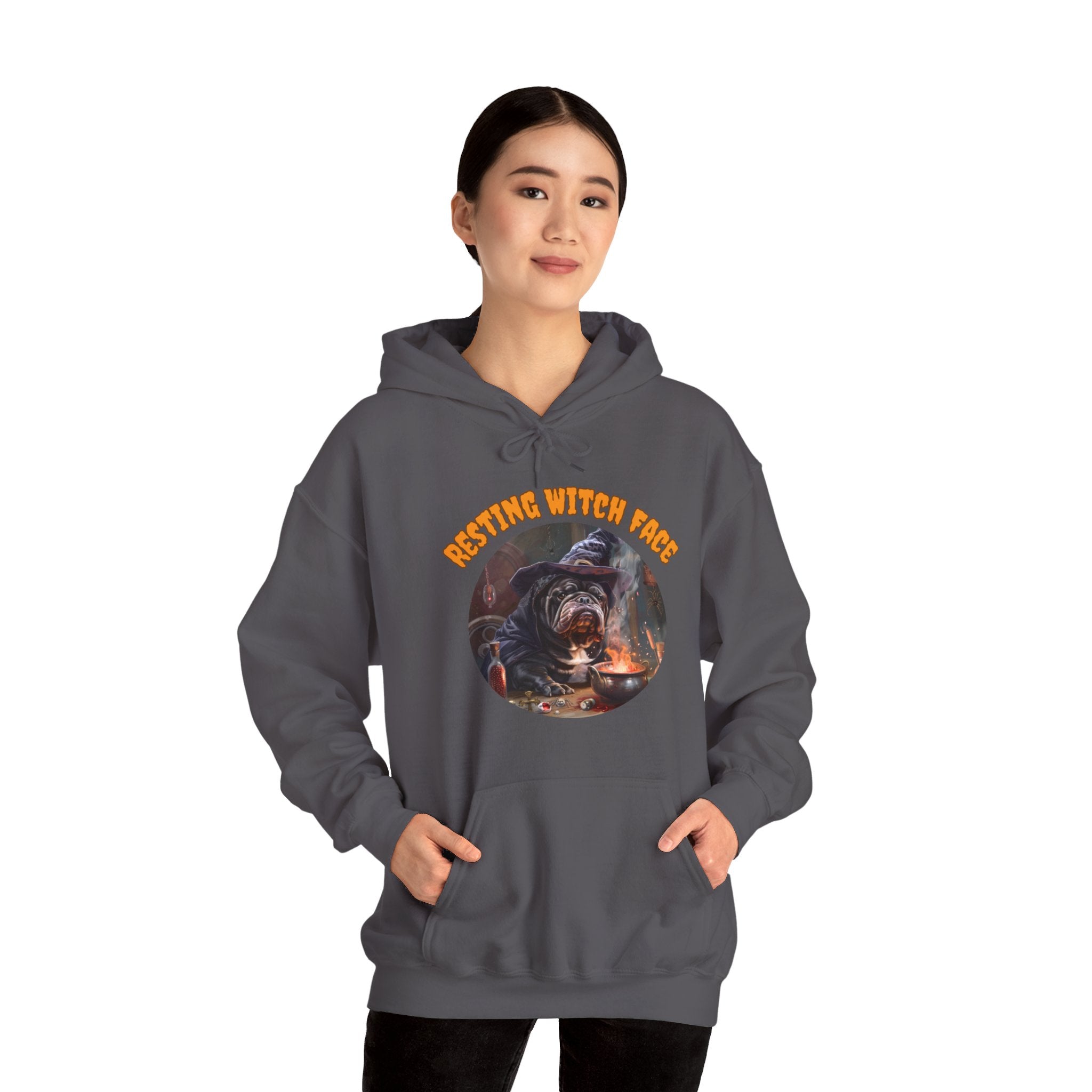 "Resting Witch Face" Halloween Bulldog Hoodie (Black/English)