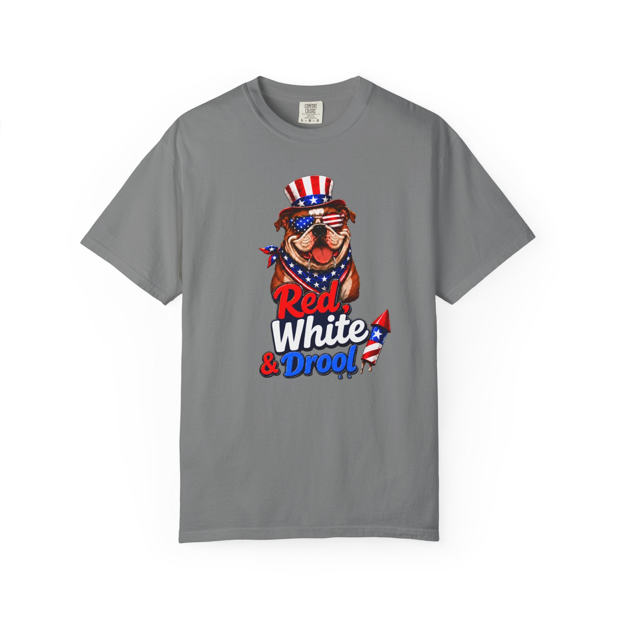 Red, White & Drool Bulldog T-Shirt | Patriotic Garment-Dyed Tee (English)