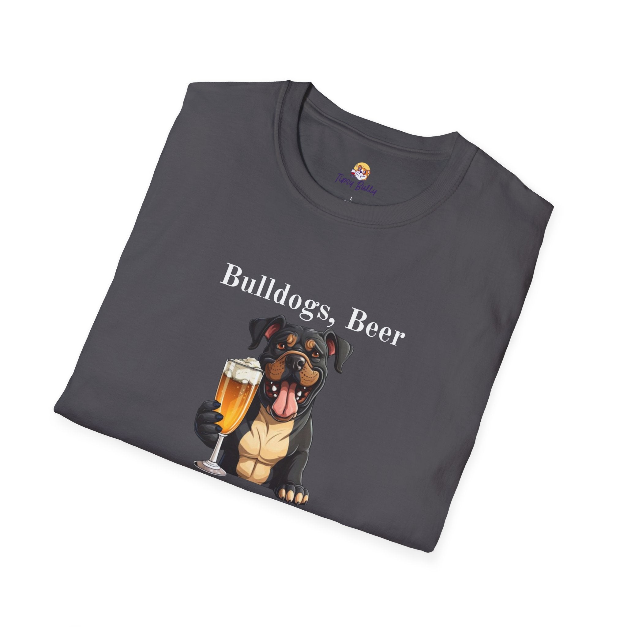 Bulldogs, Beer, and Bad Decisions" Unisex T-Shirt by Tipsy Bully (American/Black)