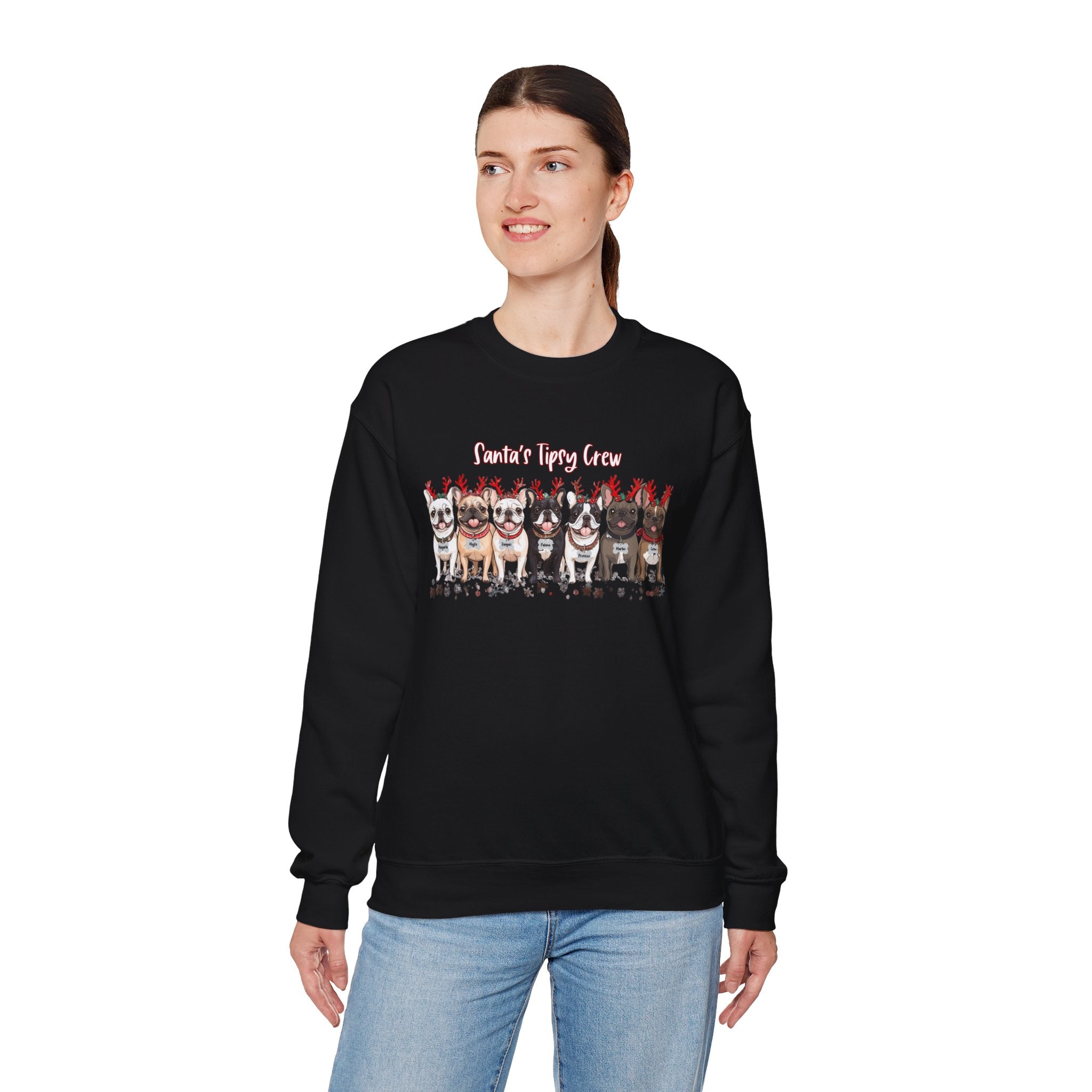 “Santa’s Tipsy Crew” Christmas Crewneck Sweatshirt - Unisex lifestyle photo - French Bulldog mom sweatshirt | Tipsy Bully