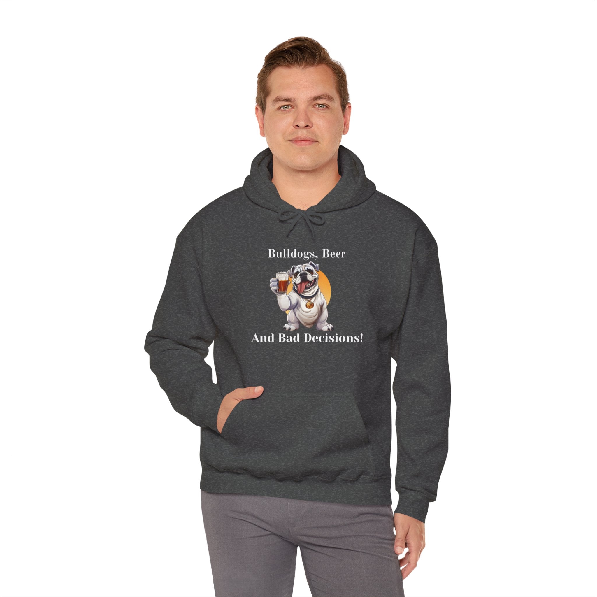 Bulldogs, Beer, and Bad Decisions" Hoodie - Your Go-To Gear for Mischievous Times! (English/White)