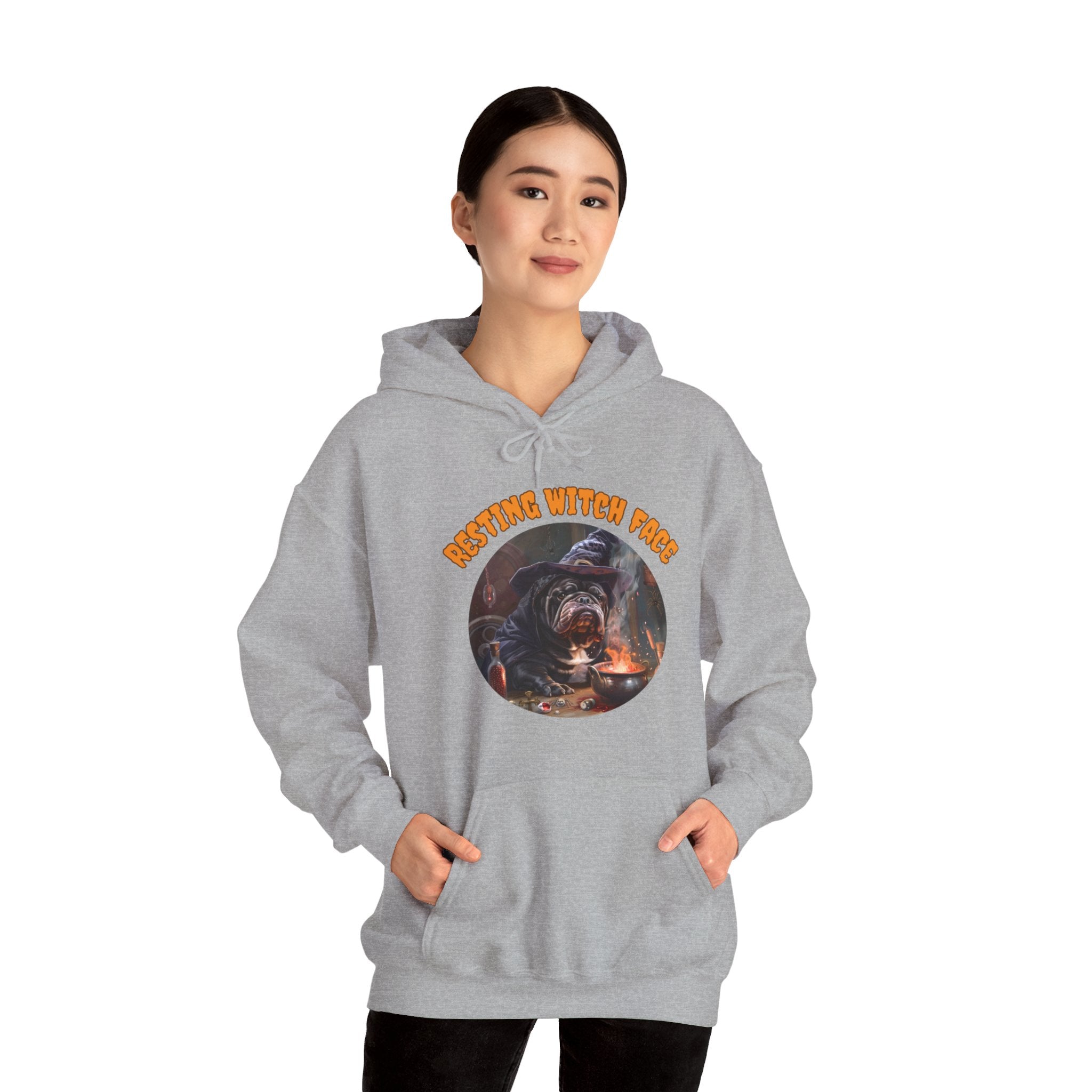 "Resting Witch Face" Halloween Bulldog Hoodie (Black/English)