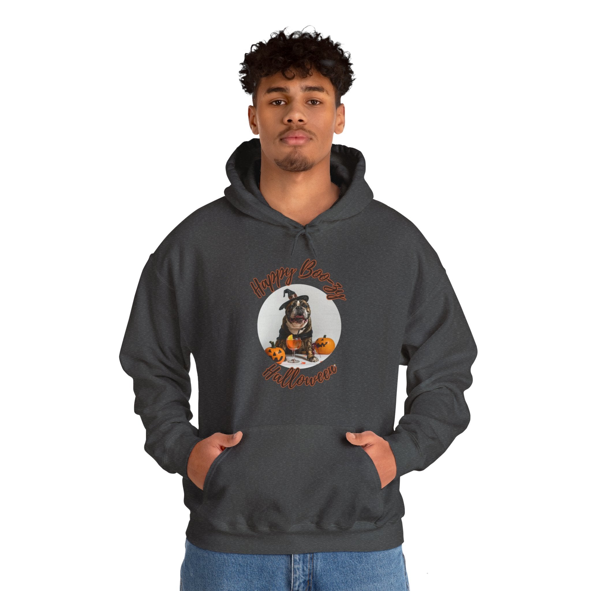 "Happy Boo-zy Halloween" Halloween Bulldog Hoodie (Black/English)