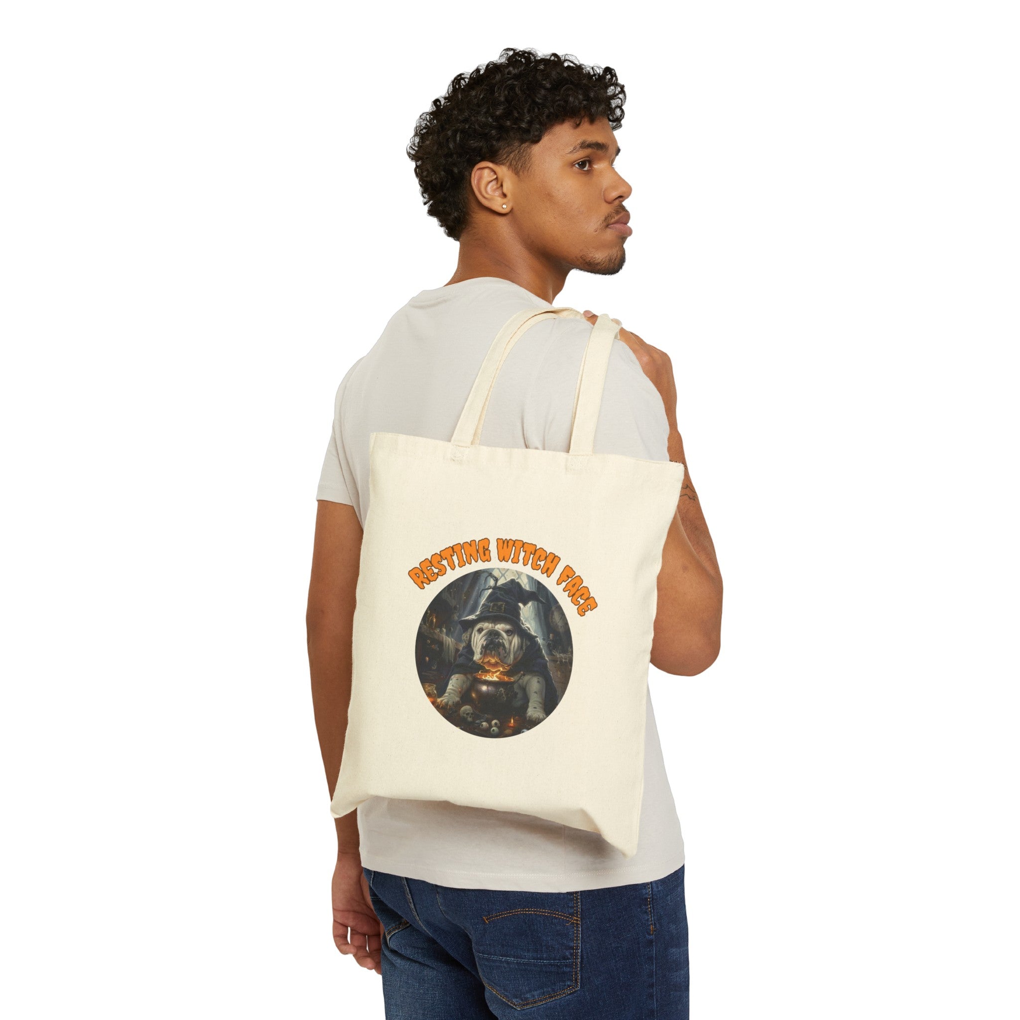 "Resting Witch Face" Trick or Treat Canvas Tote Bag (White/English)